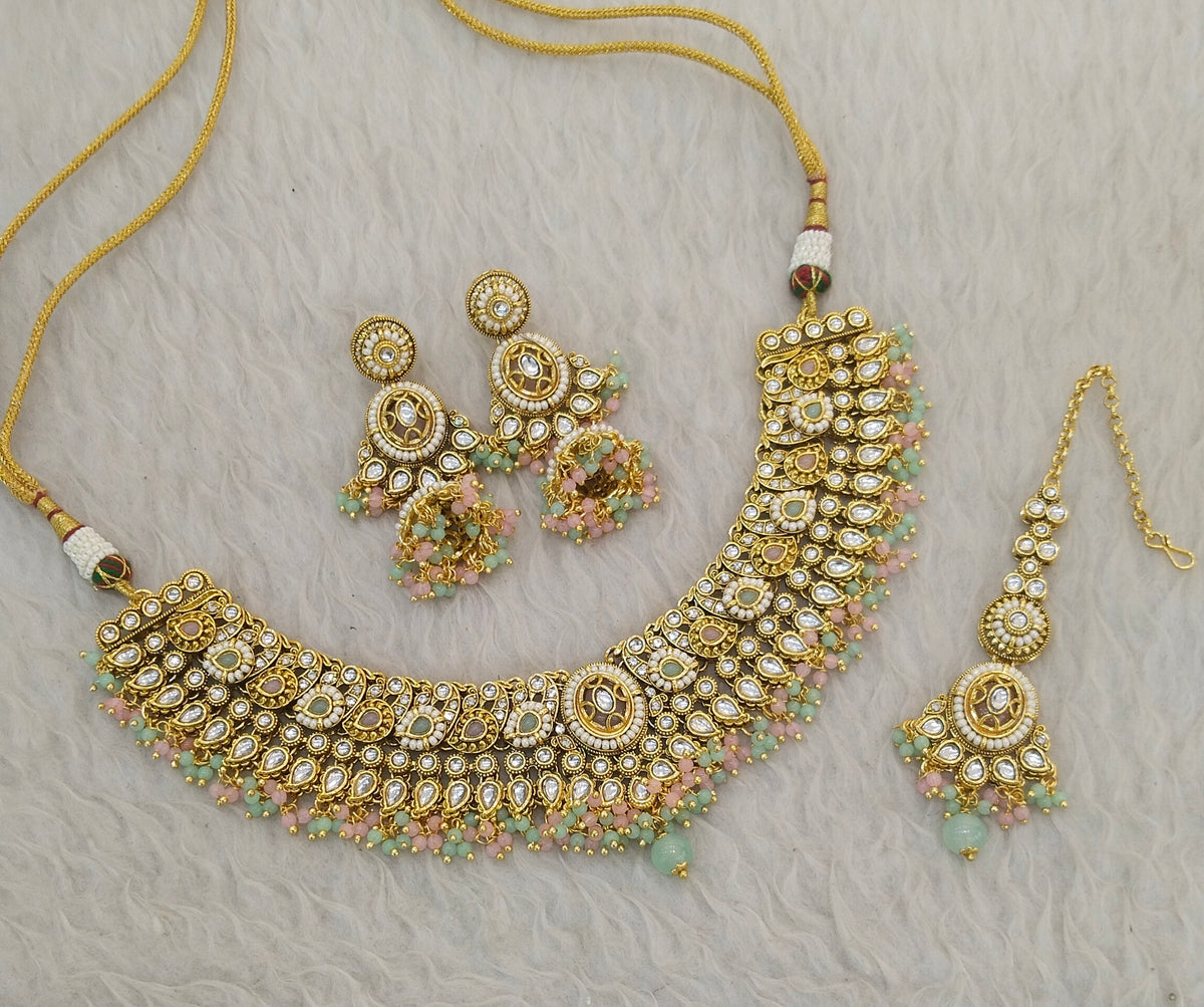 Mint Pink Kundan necklace Set/ Indian jewellery kundan gabu sets