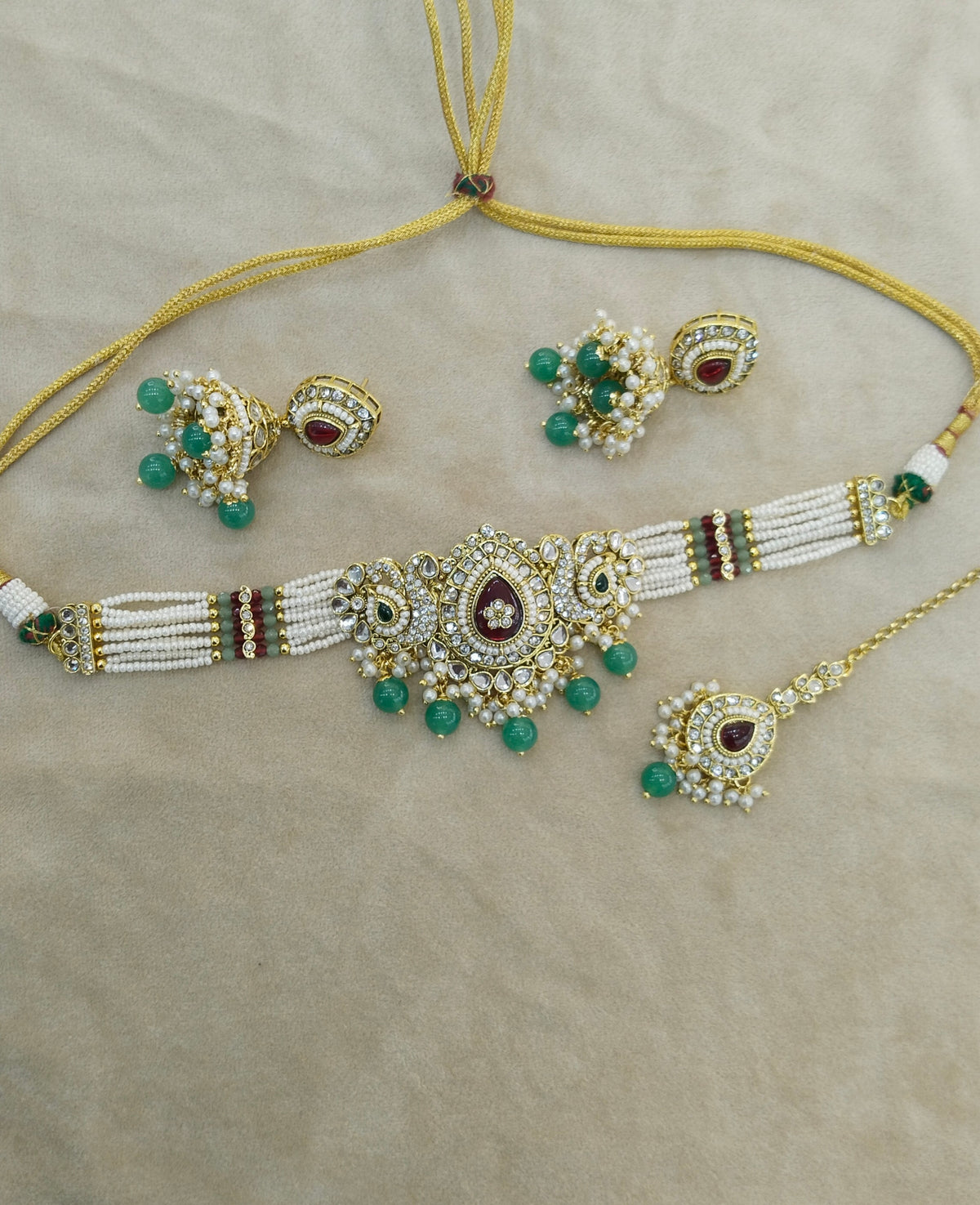 Ruby Sagegreen Kundan choker Set/ kundan choker Kundan Vamika Set