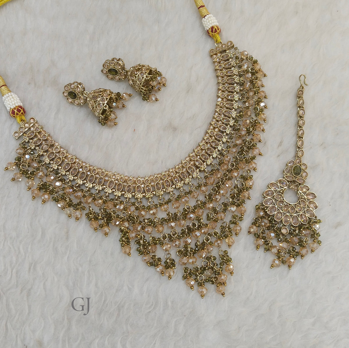 Antique mehndi green Necklace Set/ Antique gold Indian Eham Jewellery