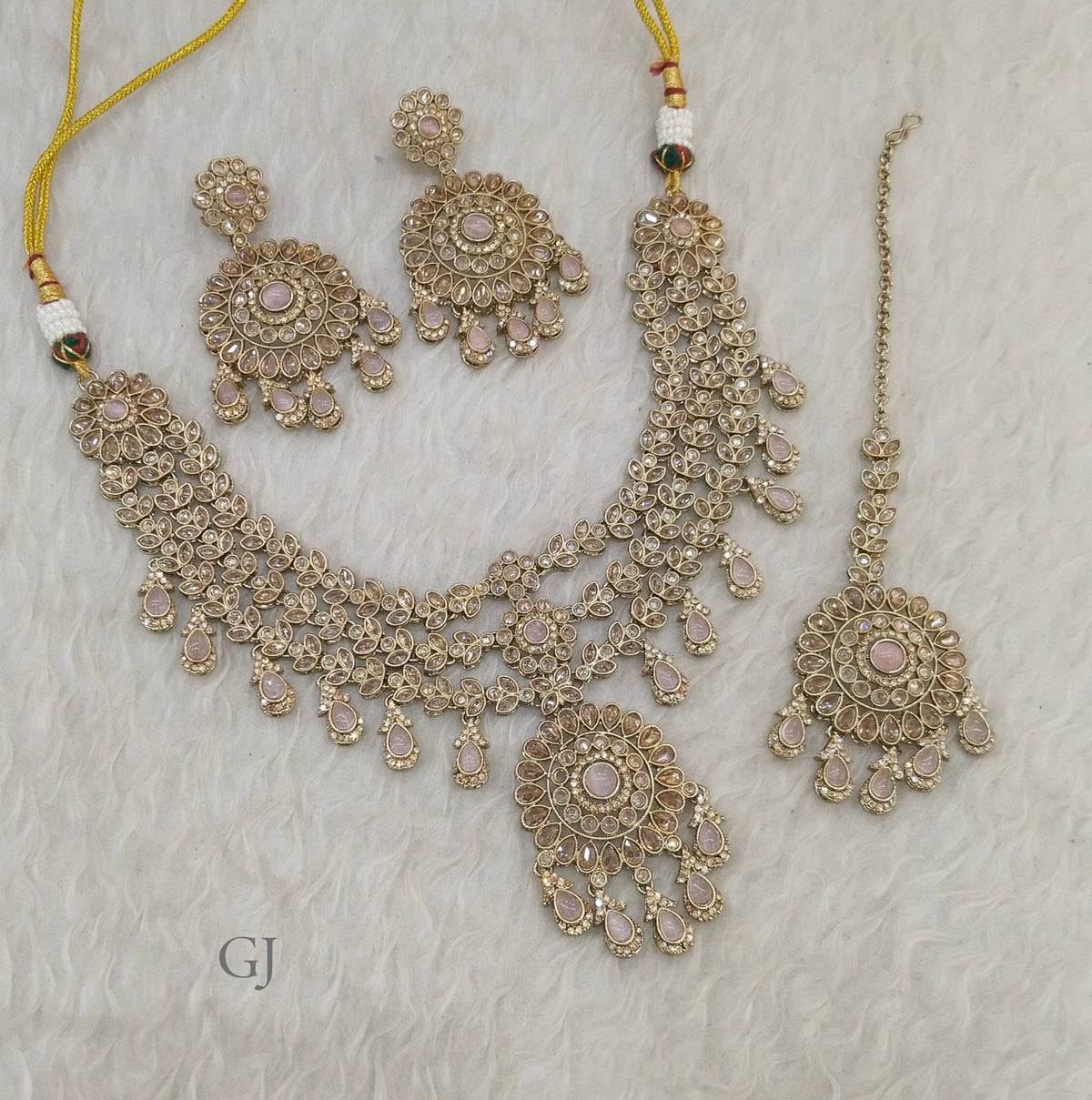 Antique Gold Pink Necklace Set/ Antique gold Indian simi Jewellery