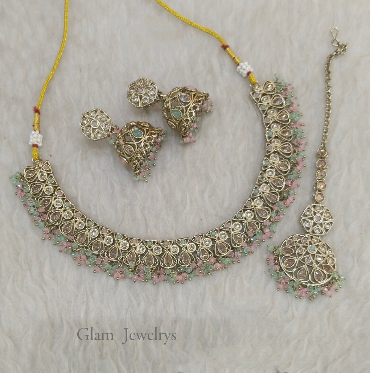 Antique Mint Pink Necklace Set/ Antique gold Indian Shuba Jewellery