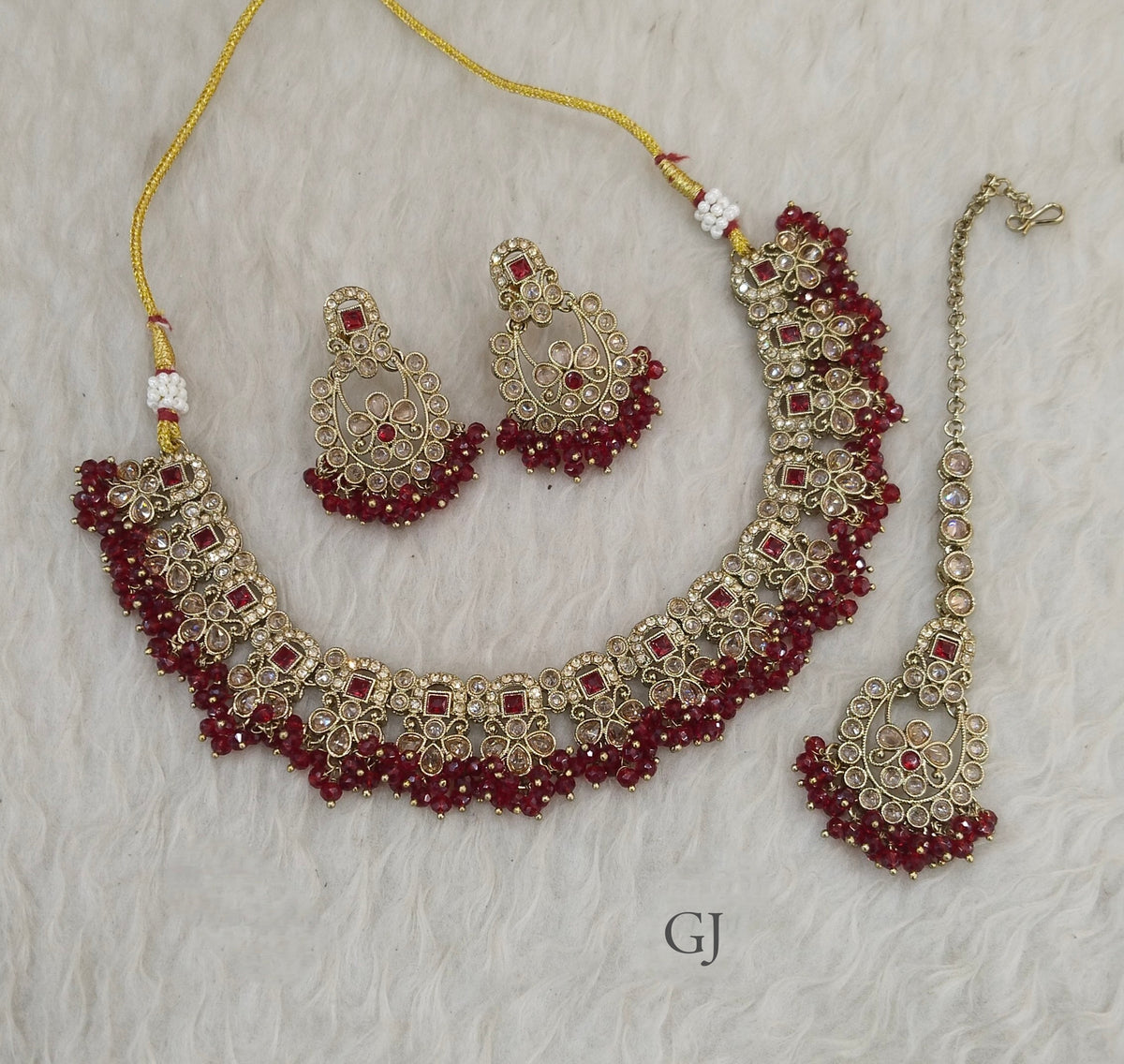 Antique Maroon Necklace Set/ Antique gold Indian Shuba Jewellery