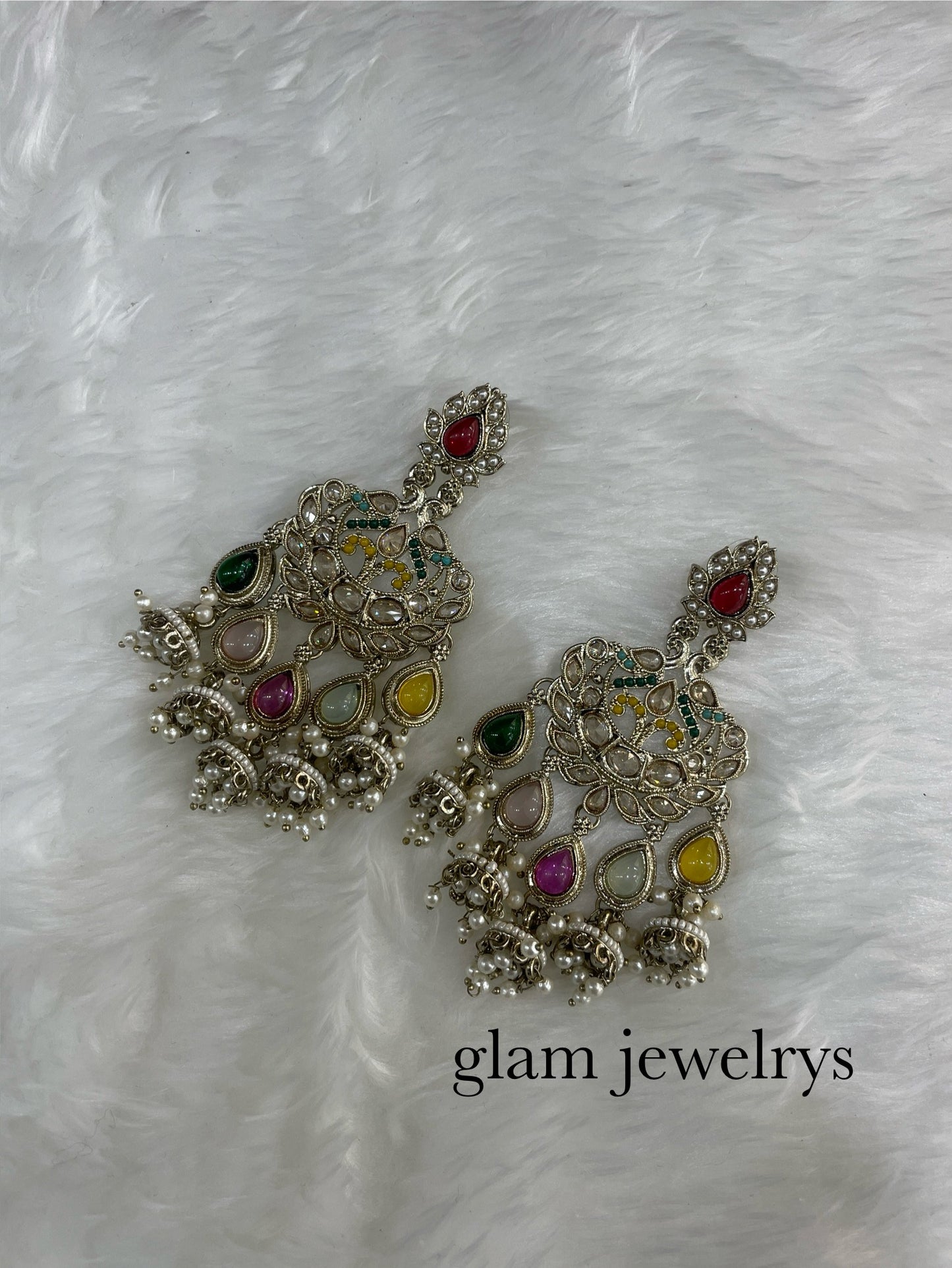 Multicolor Antique Gold Bollywood Indian Sarpunch Earrings