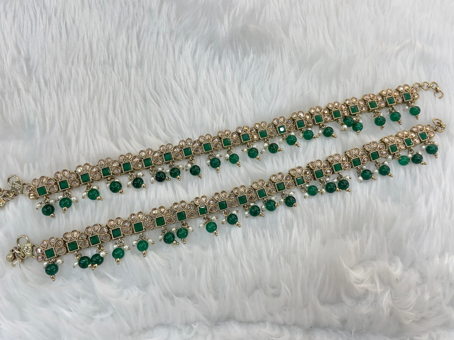 Green Antique Gold Anklets Jhanjar Payal Indian Jewellery