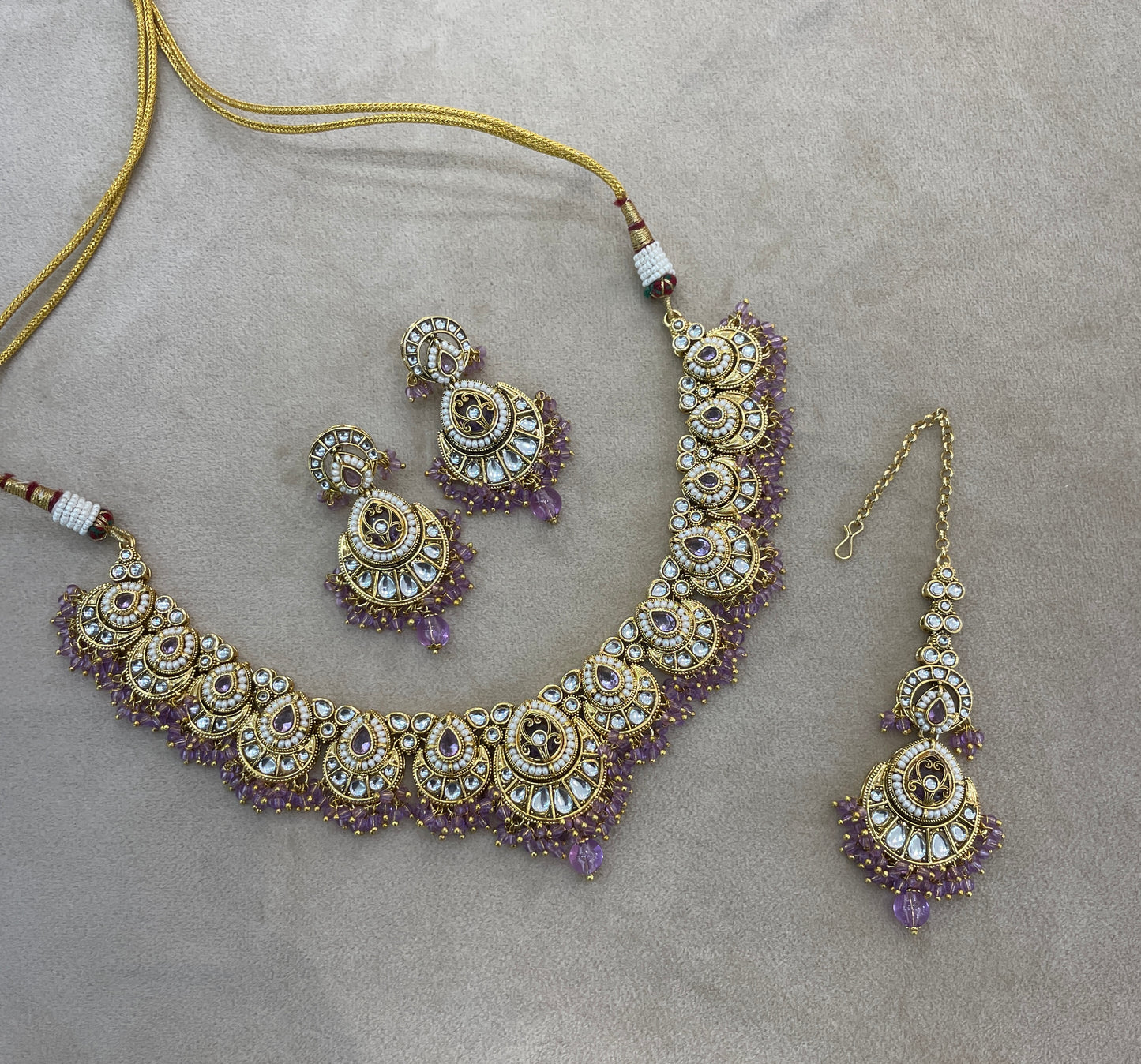 Gold Lavender Kundan necklace Set/ kundan Indian jewellery kundan Ekan sets