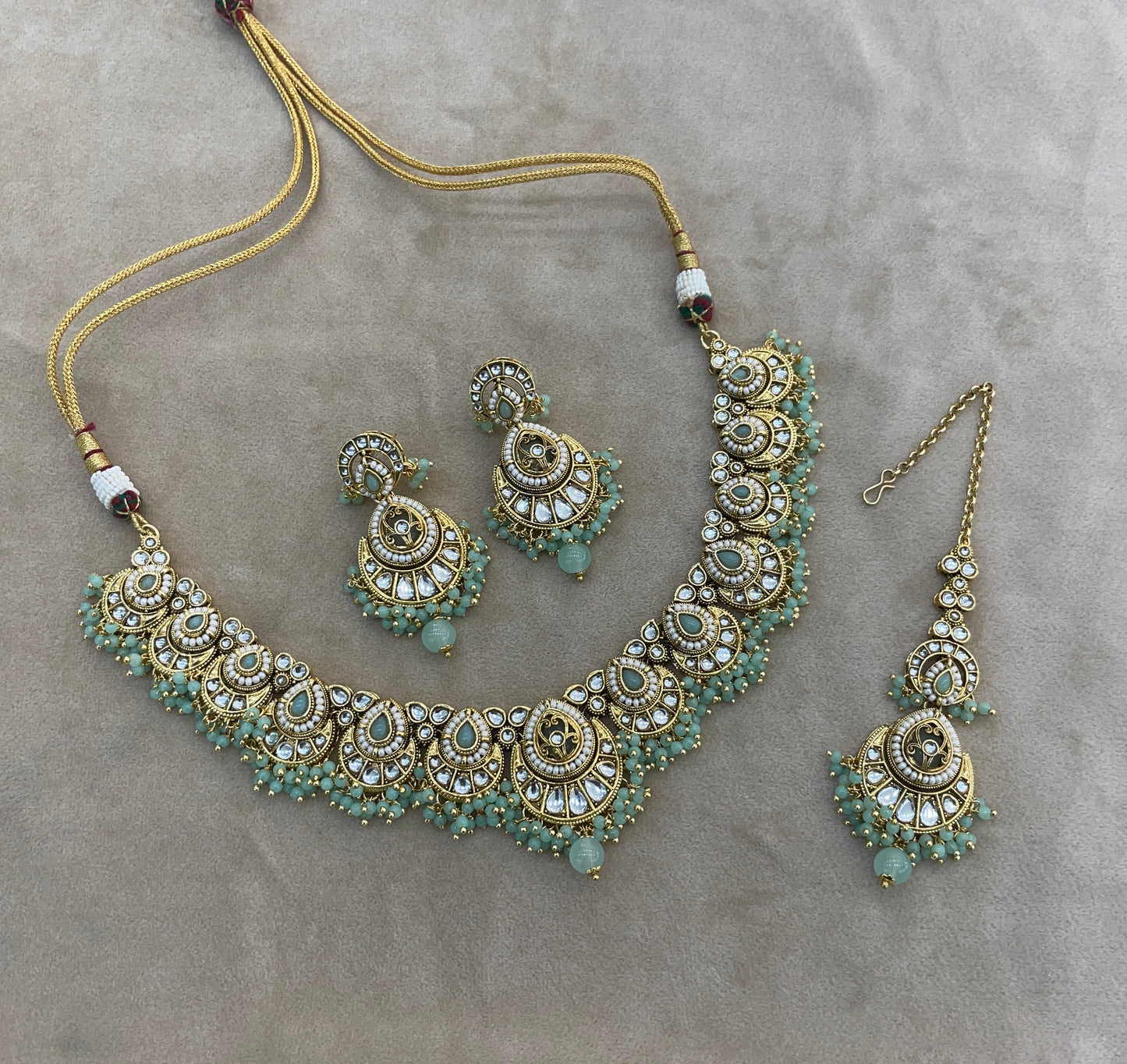 Gold Mint Kundan necklace Set/ kundan Indian jewellery kundan Ekan sets