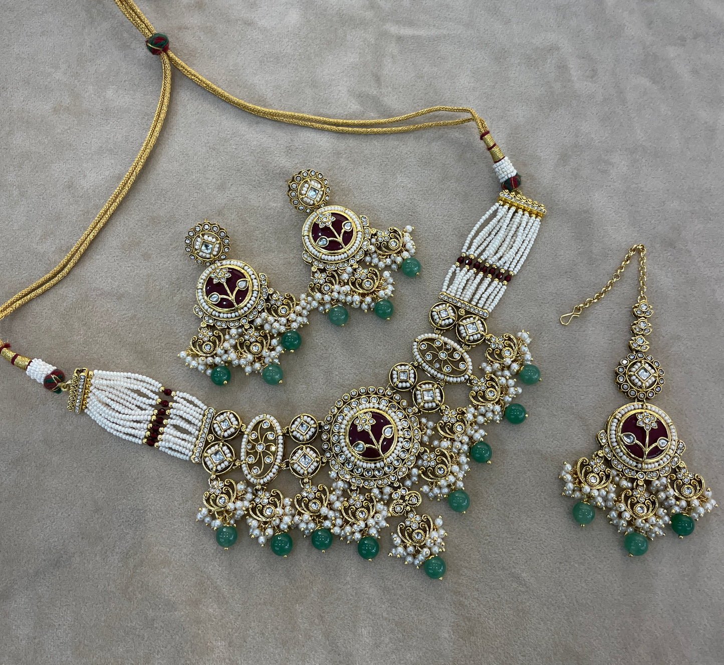 Gold Ruby Sage Green Kundan necklace Set/ kundan Indian jewellery kundan Don Sets