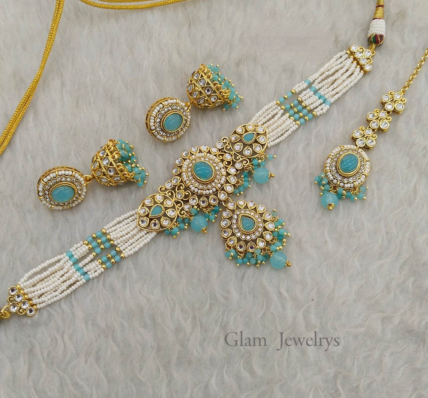 Sea Green Pink Kundan Choker Jewellery Firoh Set