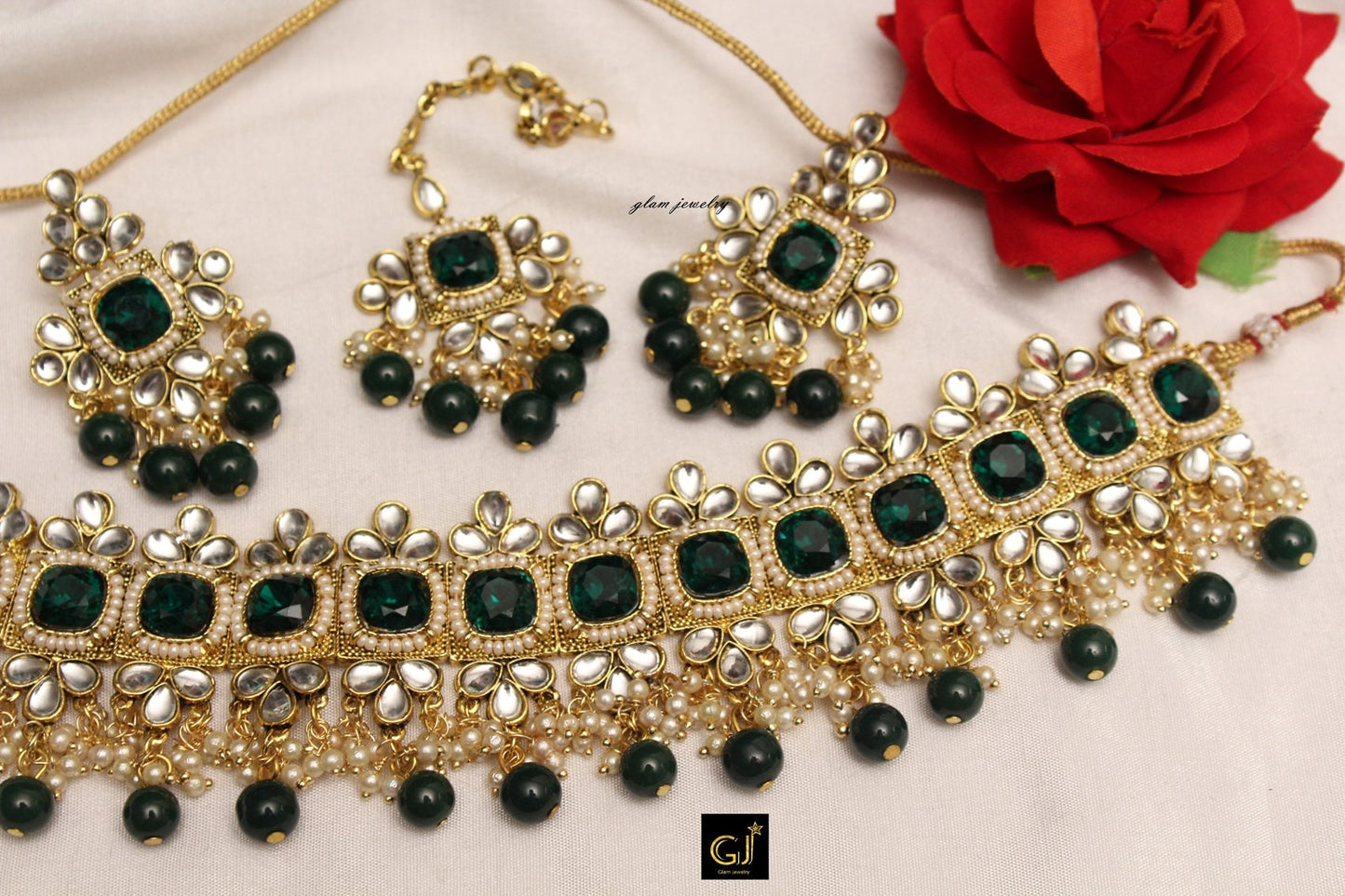 Indian Jewellery Kundan Choker Green Marron Dark pink Bridal Wedding Bollywood Style Gold Finish Necklace Set