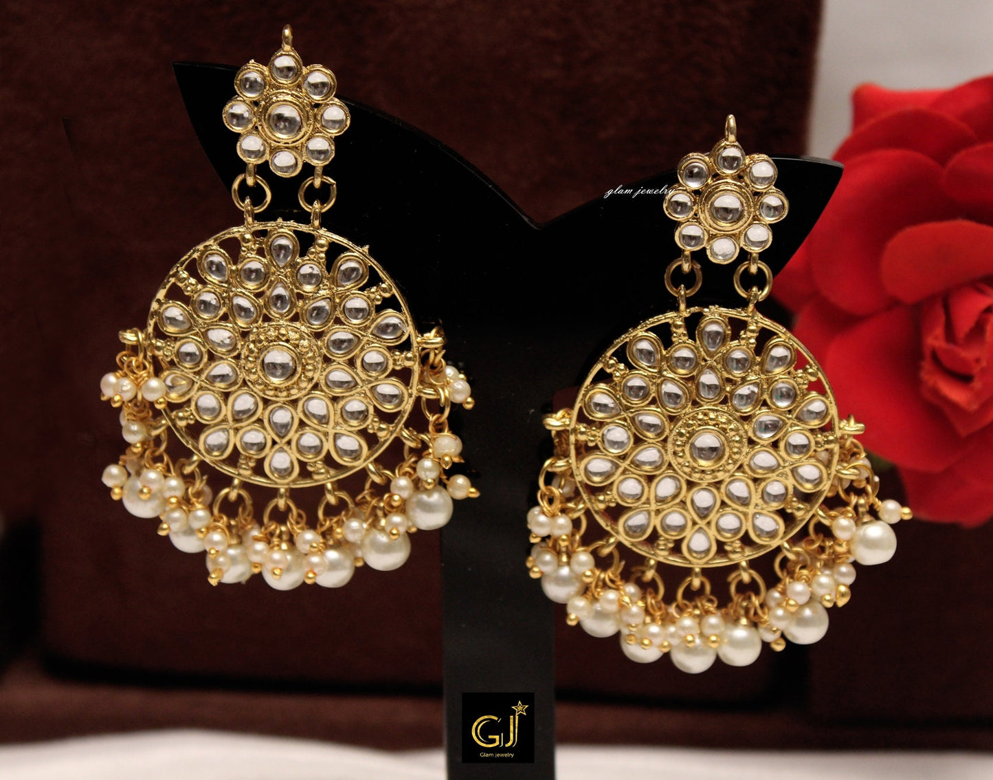Gold White,Pink Kundan Earrings Tikka /Indian Big Earrings Tikka Set/ Punjabi Indian Jewellery/Bollywood Pakistani Set