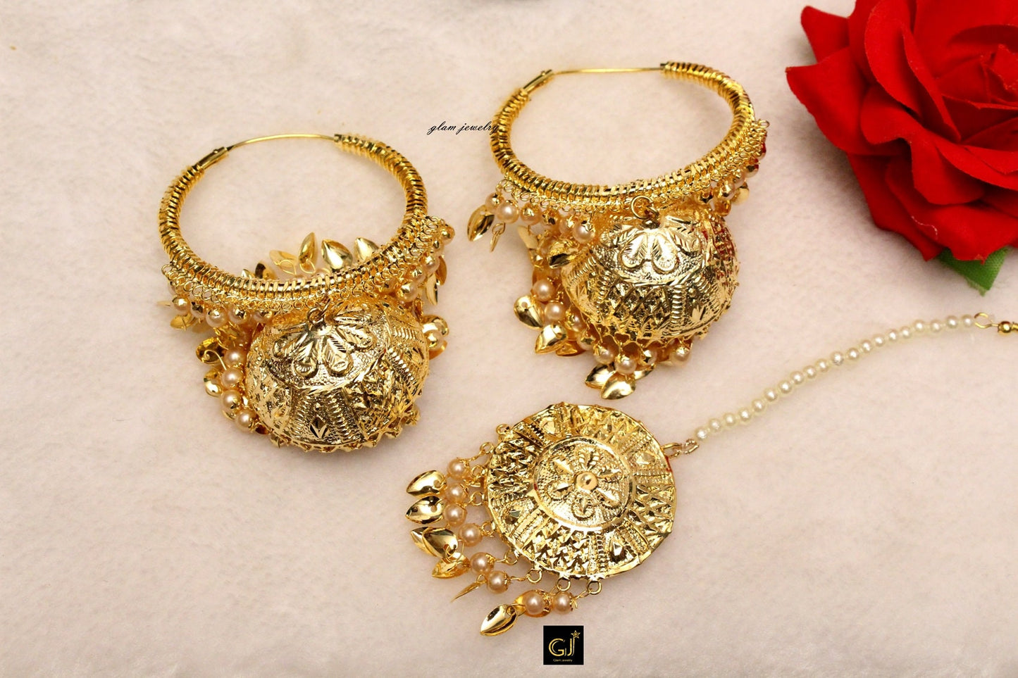 Jadau Gold,,Pink,Peach,Black Jhumka Earrings Tikka /Indian Pearl Jhumka Tikka Set/ Kundan Punjabi Indian Jewellery/Muslim Jhumki Set