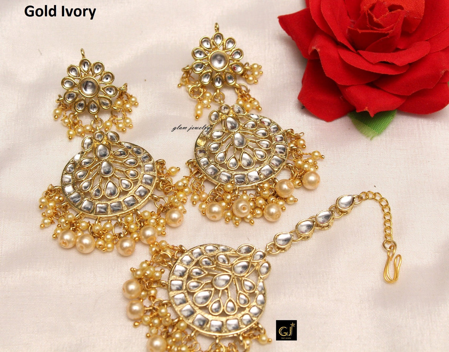 Gold White,Pink Kundan Earrings Tikka /Indian Big Earrings Tikka Set/ Punjabi Indian Jewellery/Bollywood Pakistani Set