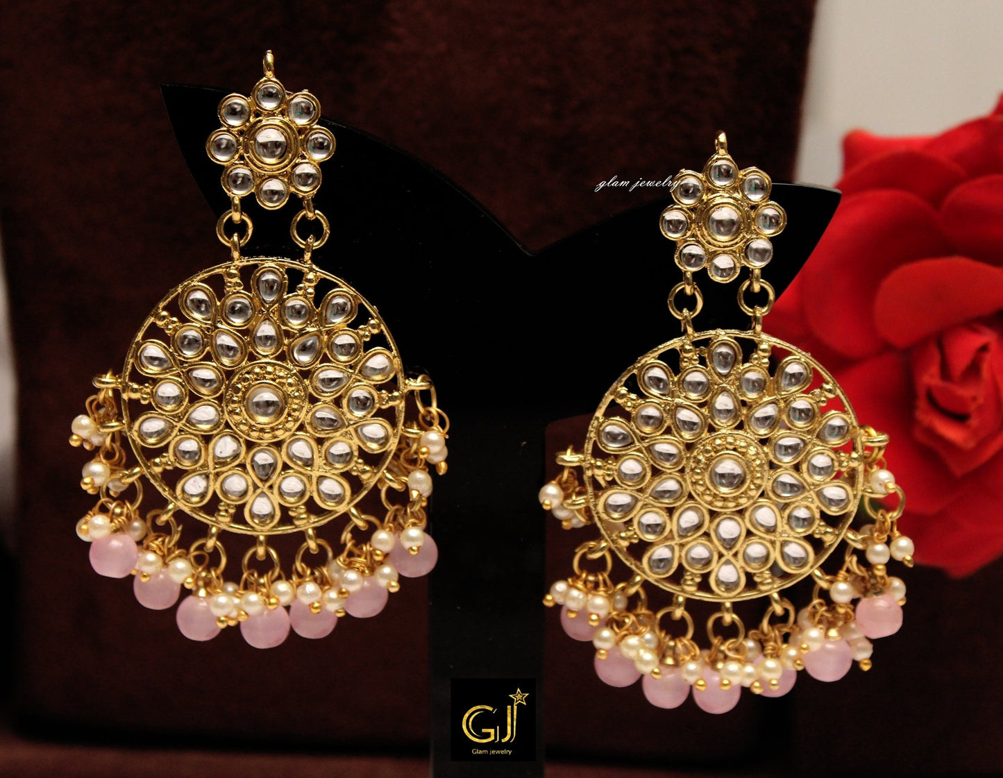 Gold White,Pink Kundan Earrings Tikka /Indian Big Earrings Tikka Set/ Punjabi Indian Jewellery/Bollywood Pakistani Set