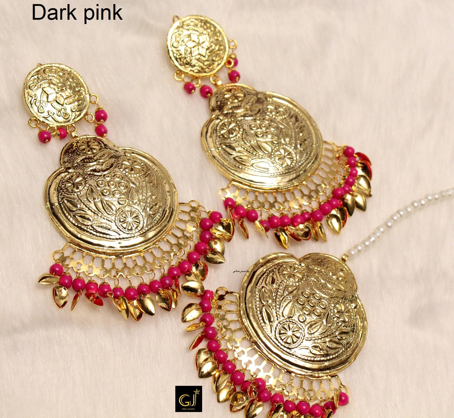 Indian Earrings Jewellery/Gold, Peach,Sea green, dark pink Pipal Patti Jadau Earrings Tikka