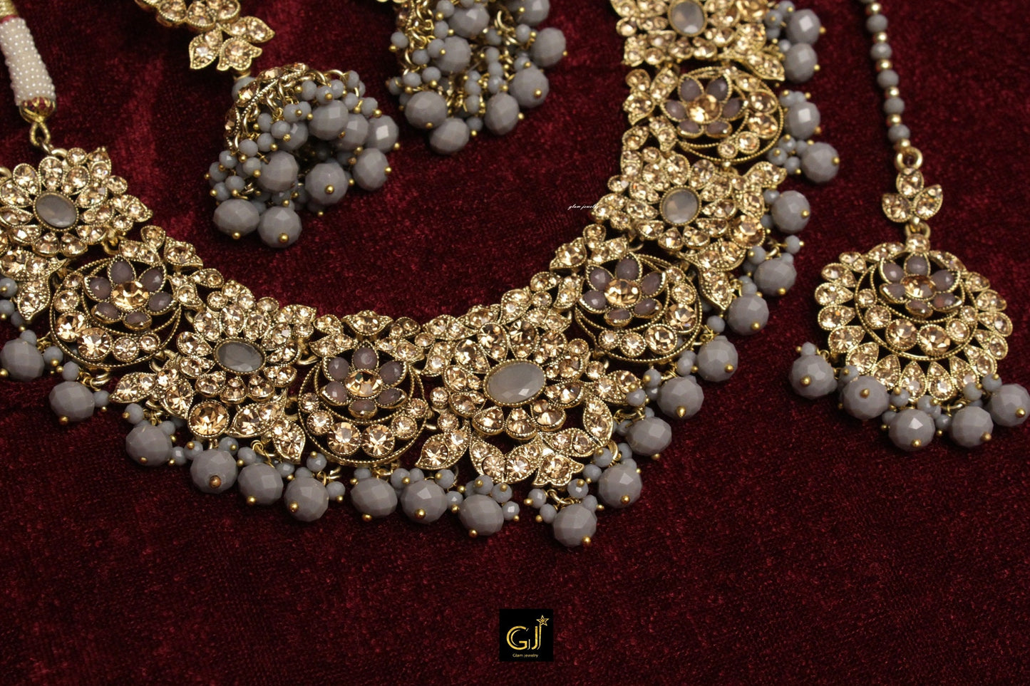 Indian Jewellery Necklace Tikka Set/Gold Green,Maroon,Gray Grey Bollywood Necklace Set/Indian choker Mehndi Polish necklace