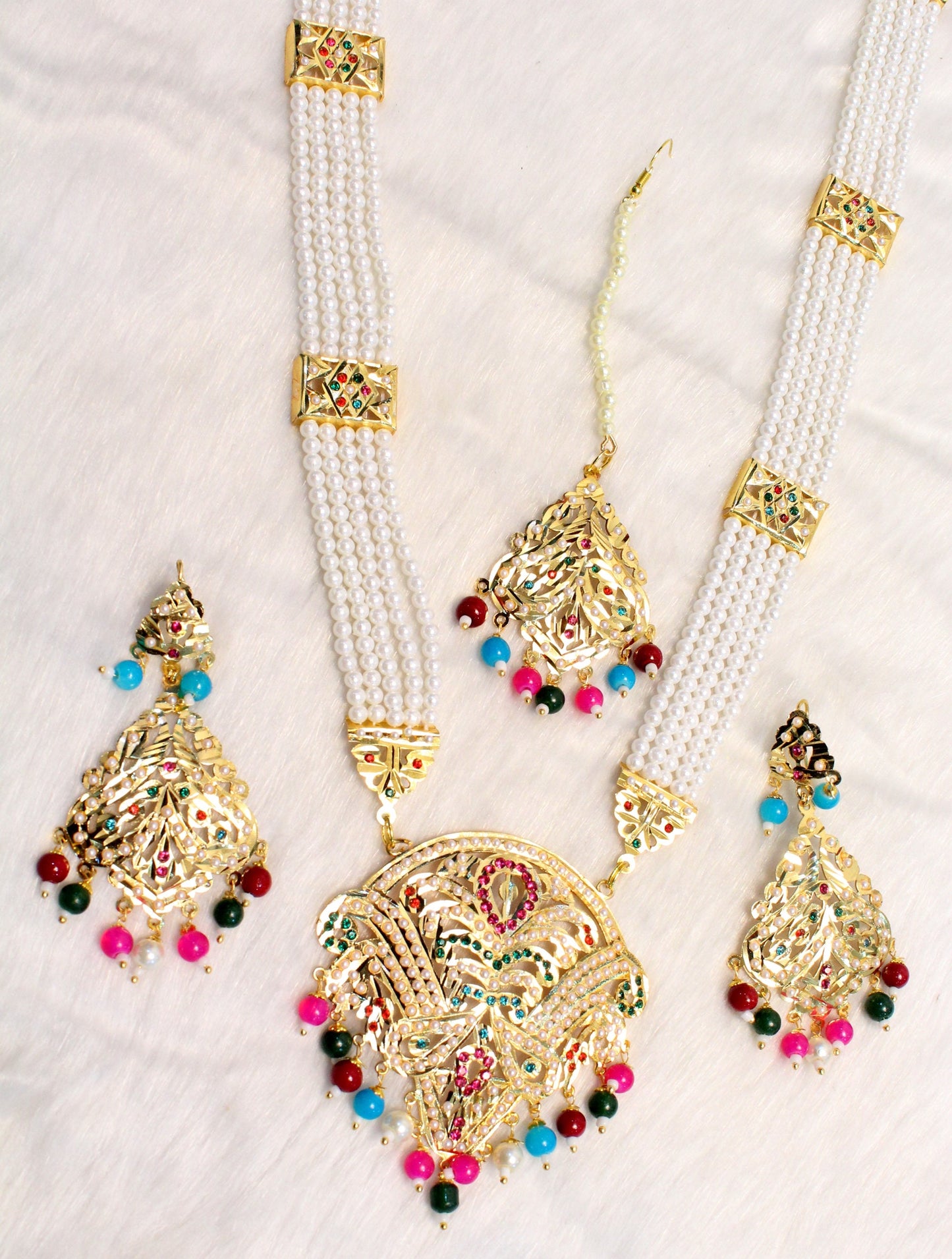 Jadau Navrattan Rani Haar long Necklace Set/Indian multicolor Necklace Earrings Set/Punjabi Bridal Pakistani Jewellery/Muslim Long Necklace
