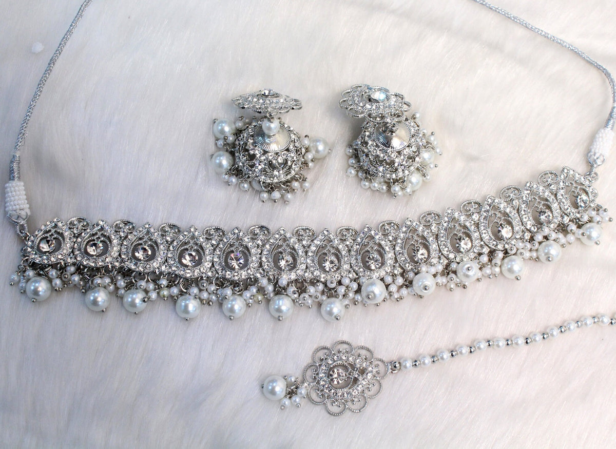 Choker Set Indian Jewellery Silver Choker Necklace Tikka Set/Indian choker Wedding necklace mony set