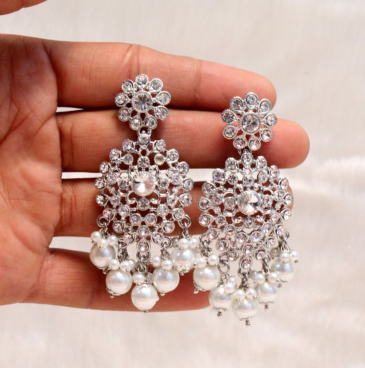 Indian Jewellery/Silver,rose gold Indian Chand Balli Round Earrings/Indian Crystal silver Bridal Earrings Set Jewellery/ Bollywood Jewellery