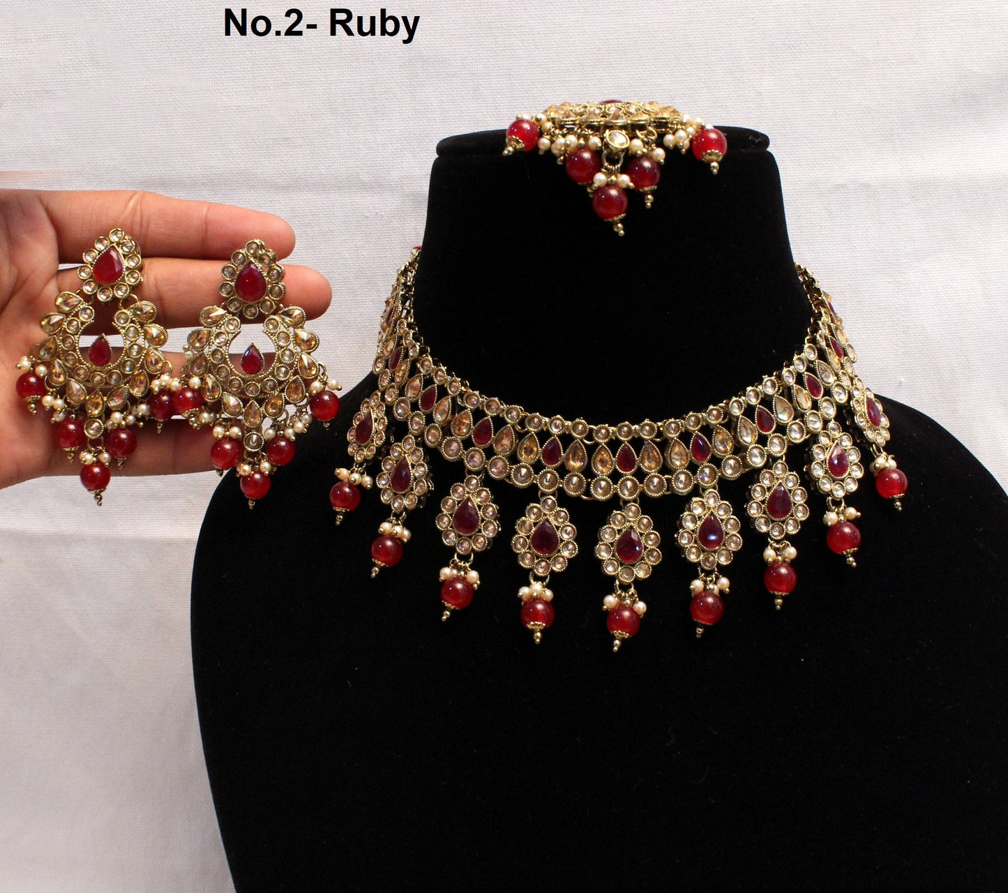 Indian Jewellery/dark gold/Ruby/pastel green/Bridal Kundan necklace hero Set