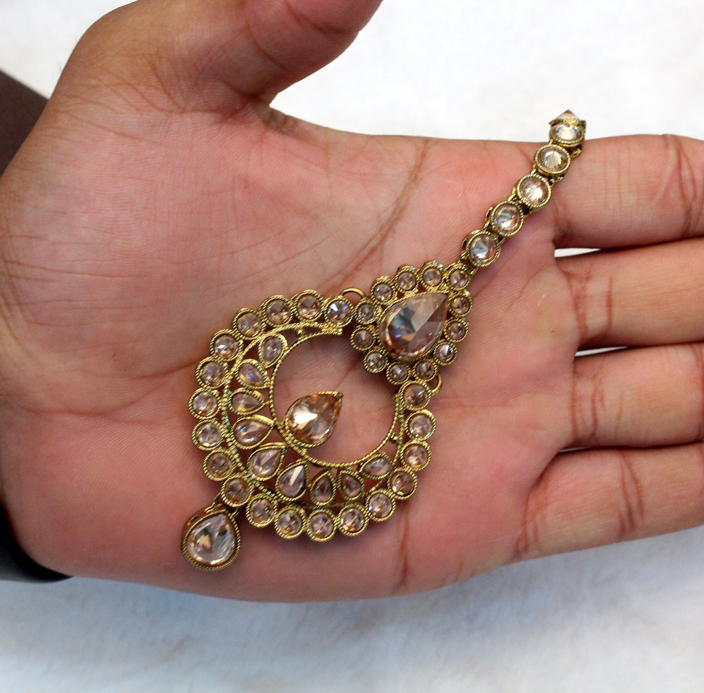 Indian Headpiece Tikka Jewellery/Gold Plat Green Maang Tikka /Bollywood Round Hair Headpiece/ Punjabi Indian Jewellery/Pakistani Set