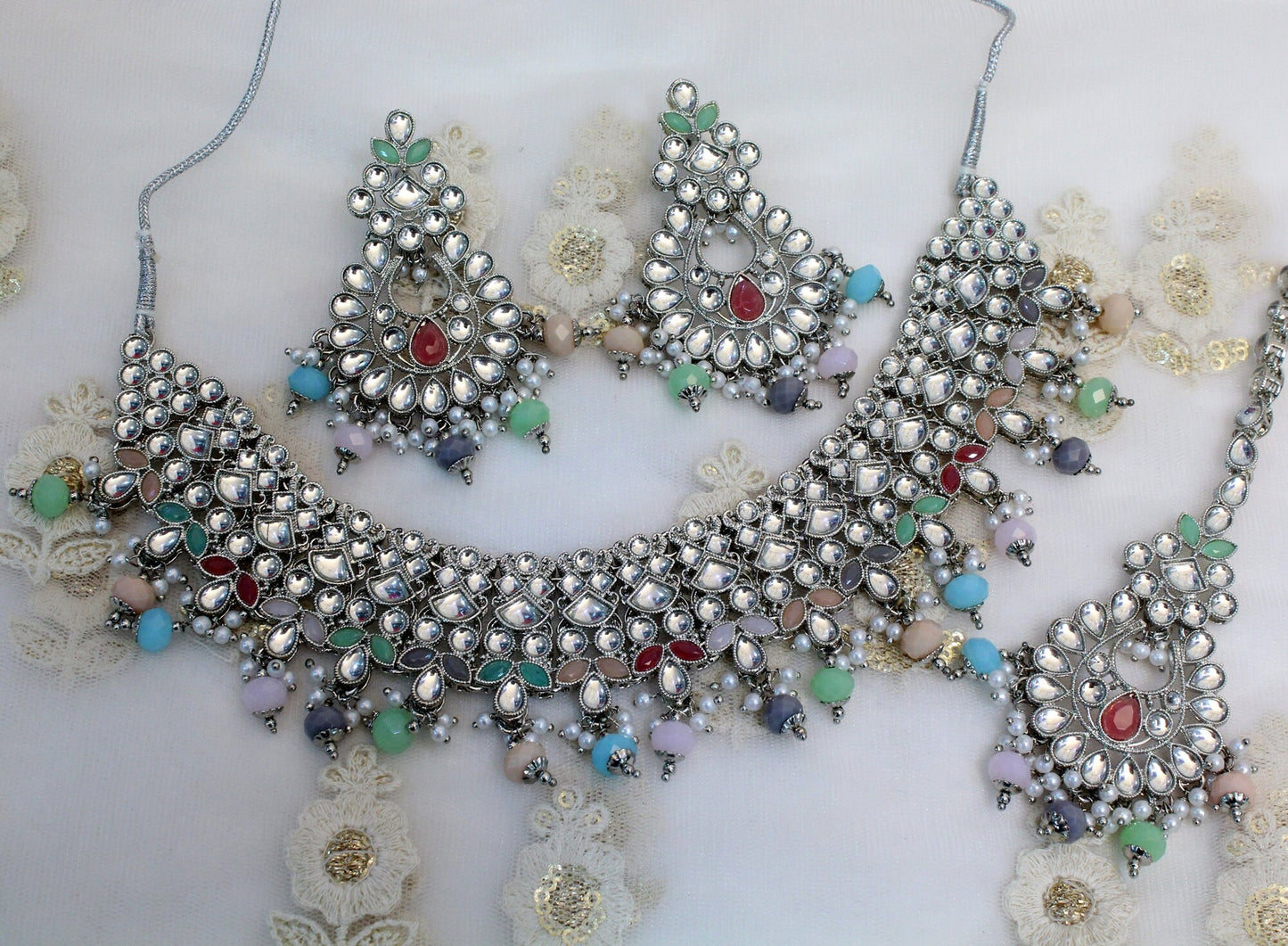 Indian Jewellery/silver multicolor Bridal Kundan necklace Set/Bollywood Gold Indian Jewellery Necklace Set