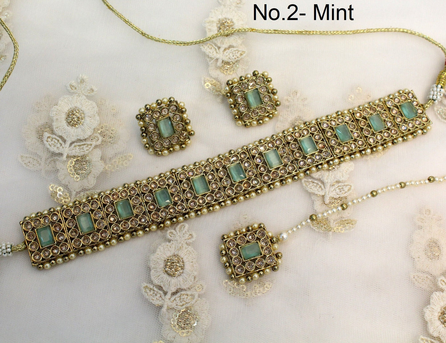 Indian Jewellery choker Set/Gold ,mint, pink, multicolor Bollywood choker Set/Indian choker Mehndi Polish necklace