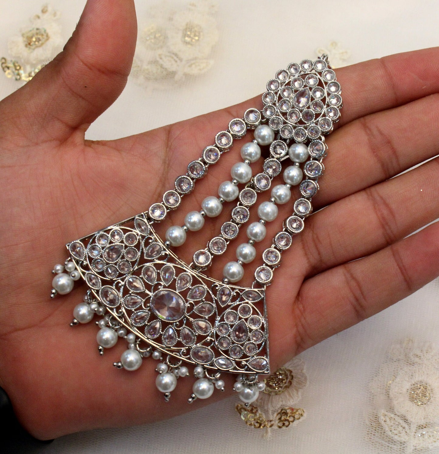 Silver Passa Jhumar Jhoomer Headpiece Bridal Passa/Hijab Headpiece/Kundan Indian Hair Jewellery/Pakistani Headpiece/Side Hair Jewellery