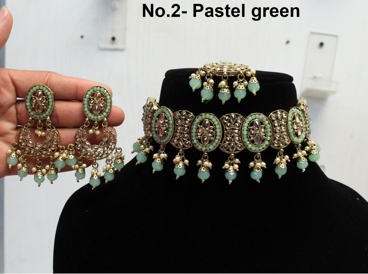 Indian Jewellery choker Tikka Set/Dark gold, Pastel green Bollywood choker Set/Indian choker Mehndi Polish necklace set