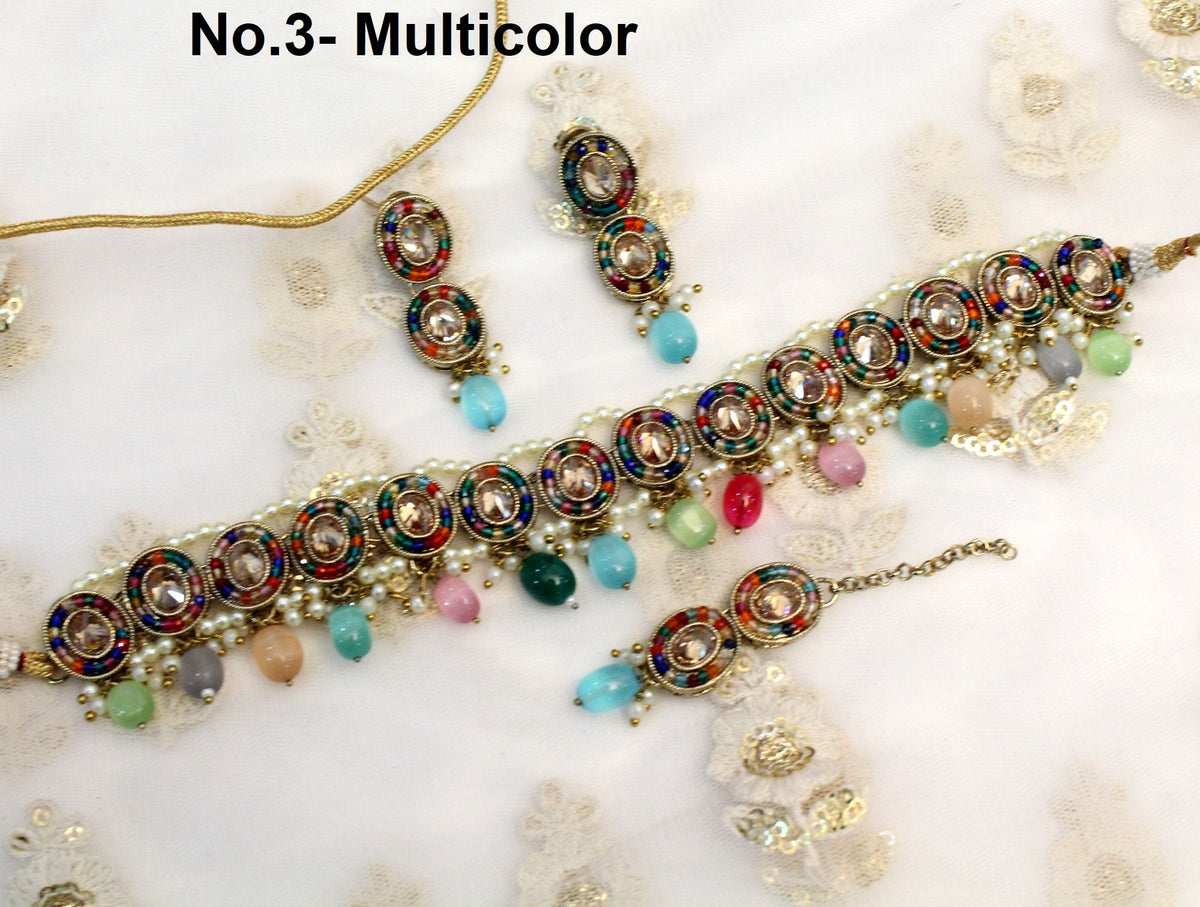 Indian Jewellery choker Tikka Set/Dark gold, Peach, multicolor Bollywood choker Set/Indian choker Mehndi Polish necklace set
