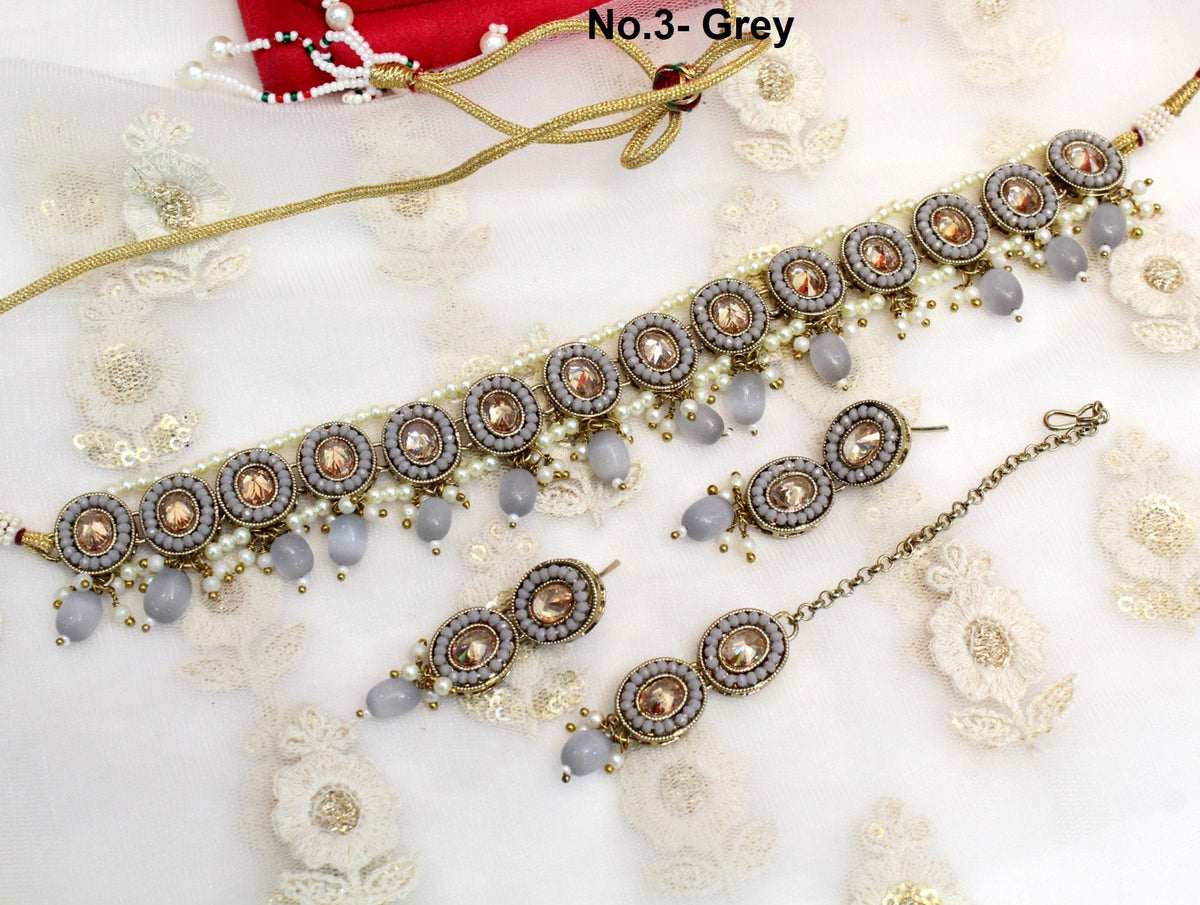 Indian Jewellery choker Tikka Set/dark gold ,pastel green, Grey Bollywood choker Set/Indian choker Mehndi Polish necklace set