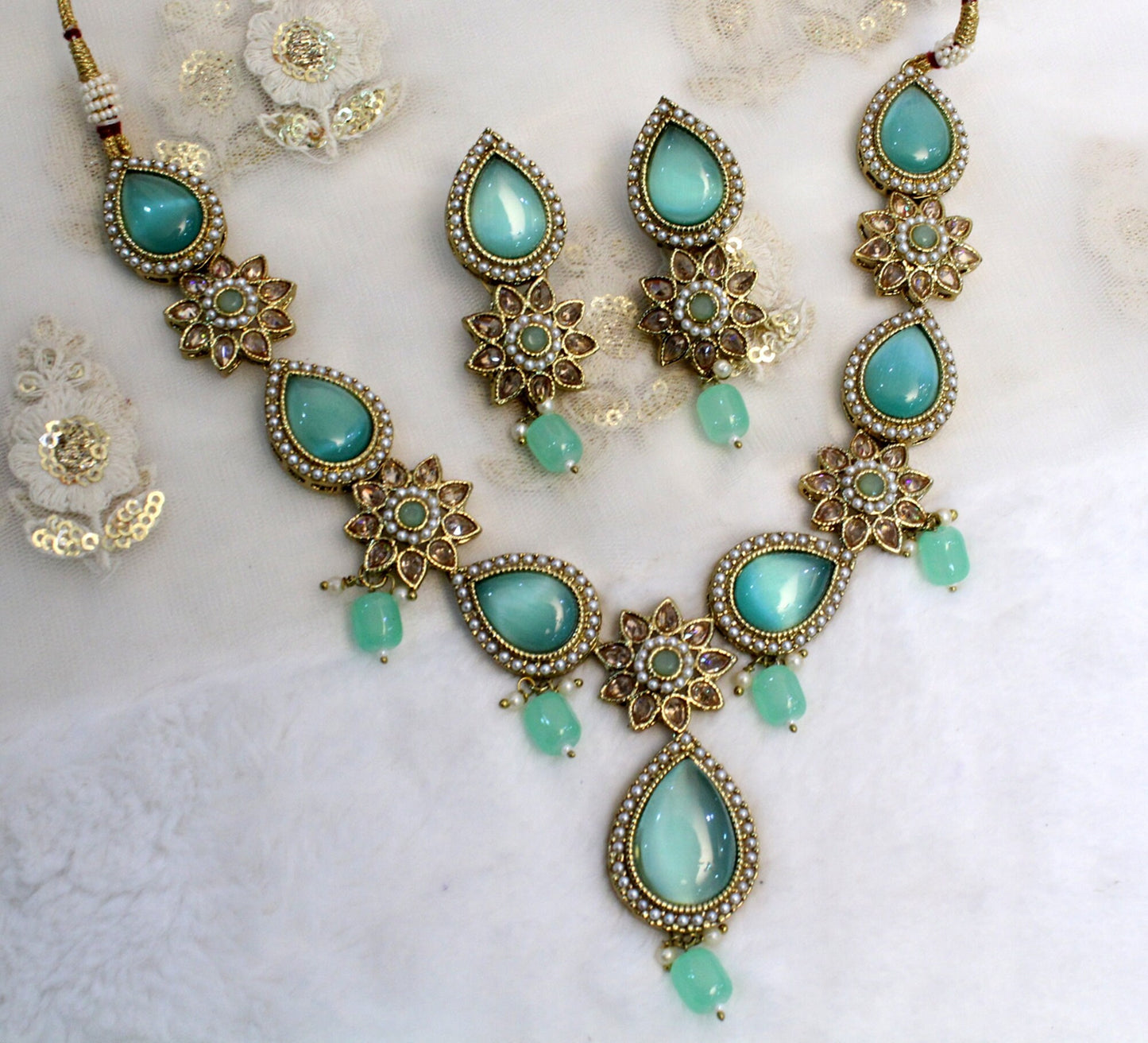 Indian Jewellery/Dark gold C-green, Peach necklace Set/Bollywood Gold Indian Jewelry Jewellery Set /Bridesmaid jewellery sets