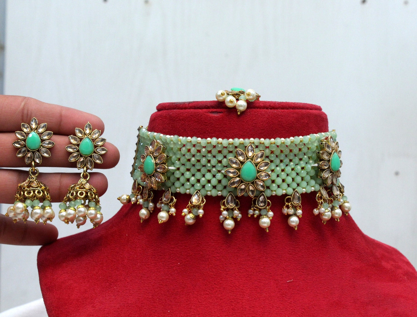 Indian Jewellery Kundan choker set Necklace Set/Bollywood dark gold, pastel green, gajjri, maroon choker Necklace Jewellery Set