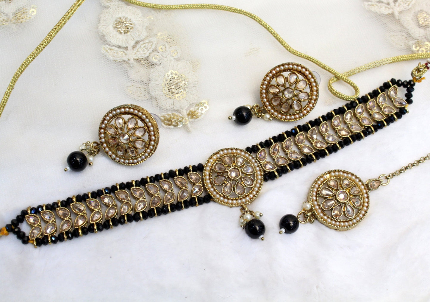 Indian Jewellery Choker Set/Antique Gold silver choker Studs Earrings Set/Gold Indian Bollywood Necklace rita Set
