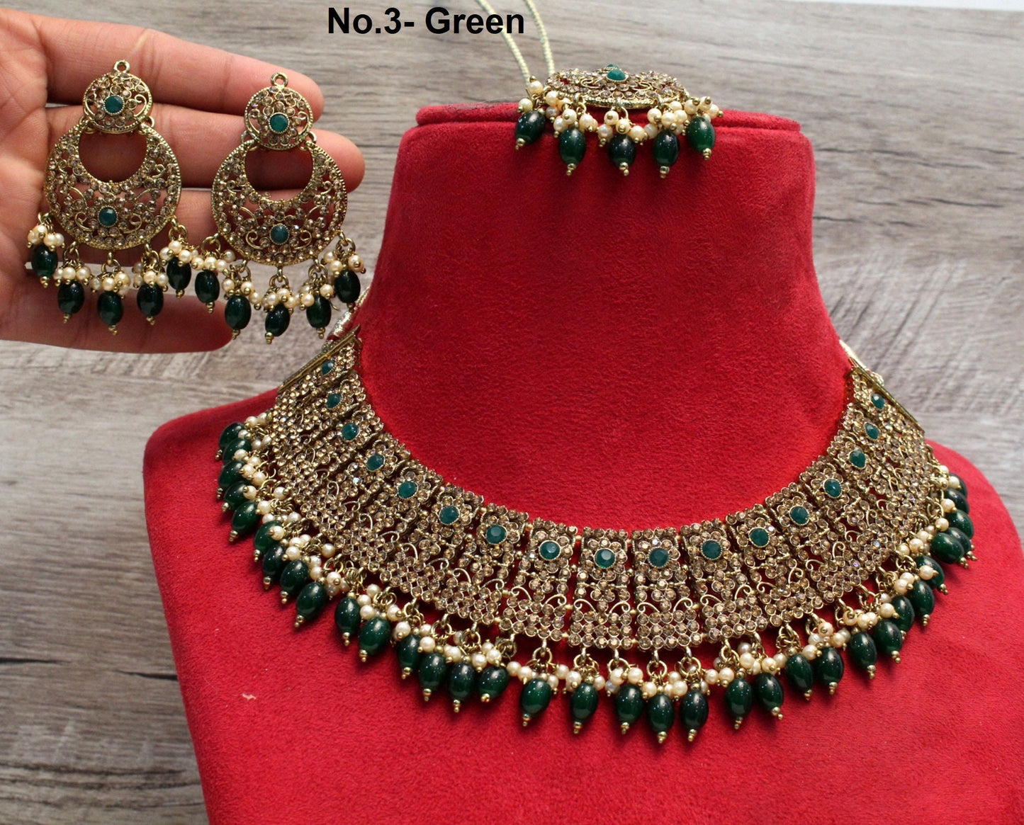 Indian Jewellery Gold Bollywood Necklace Set/ Dark gold, Green, Maroon Jewelry/Wedding Crystal Semi Bridal Ethnic Set/Indian Necklace Set