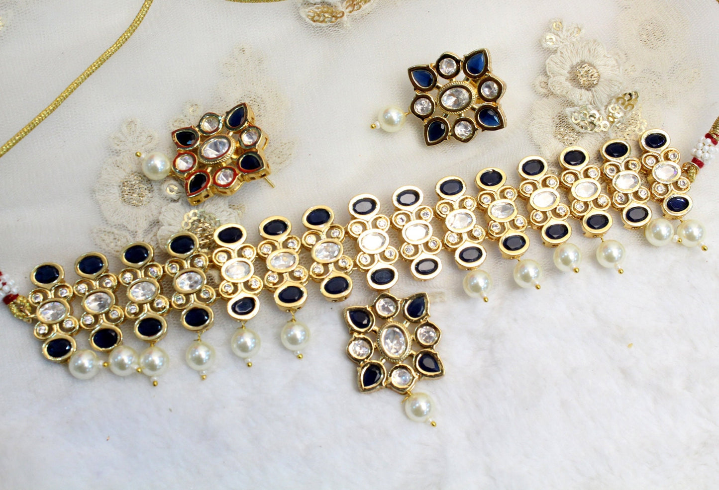 kundan Choker Set Earrings Set/Gold white, maroon, blue choker set Indian Jewellery Necklace Set/Indian bridal kundan Choker Set