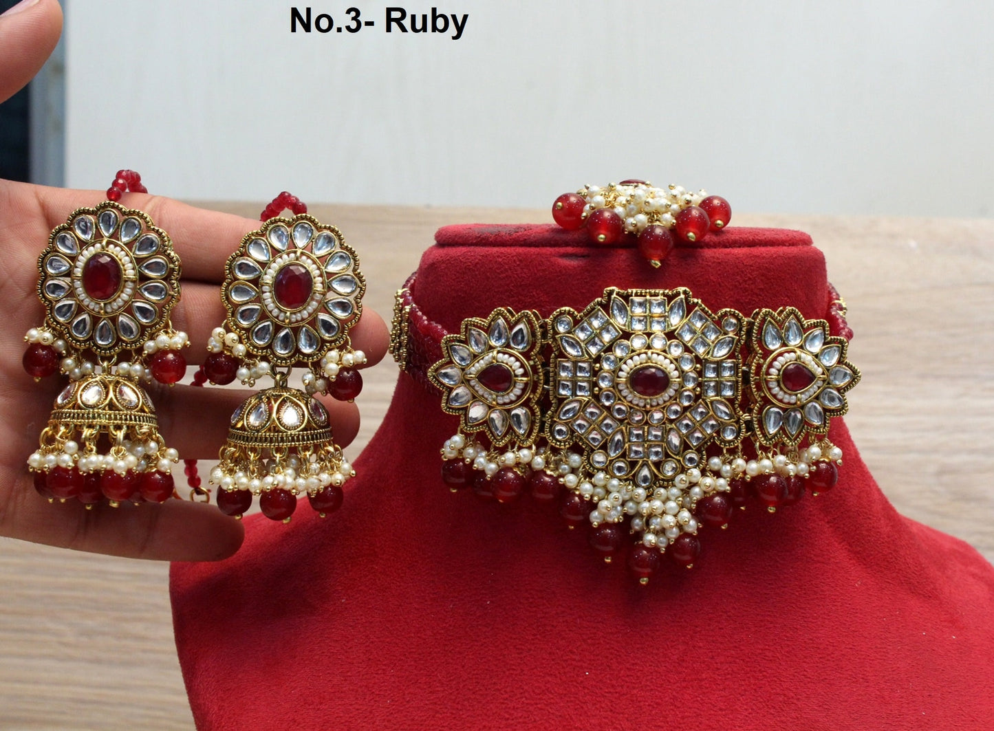 kundan Choker Set Necklace Earrings Set/Grey, blue, ruby choker set Indian Jewellery Necklace Set/Indian Choker Set