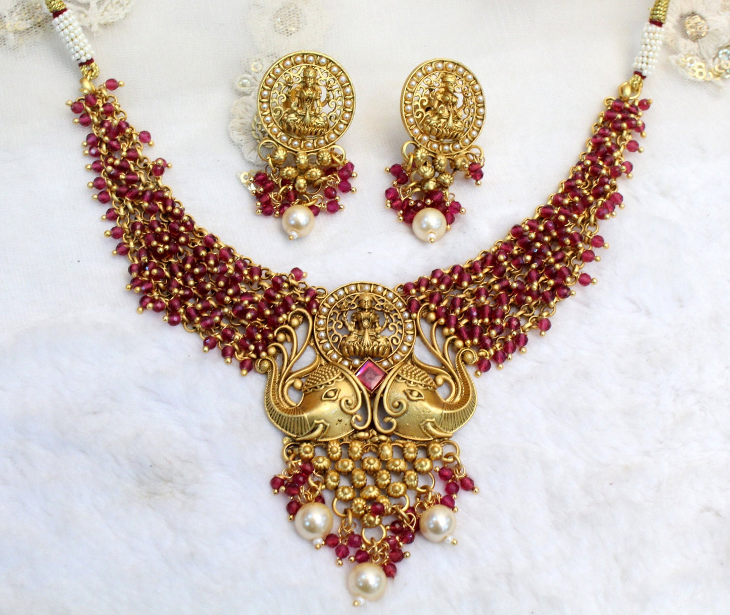 Indian Gold Jewellery Necklace set/ Gold mat finish ruby Necklace Set Bollywood Style Gold Finish South Indian bridal Jewellery