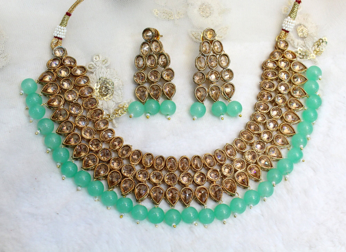 Indian Jewellery/Dark gold pastel green necklace Set/Bollywood Gold Indian Jewelry Jewellery Set /Bridesmaid jewellery sets