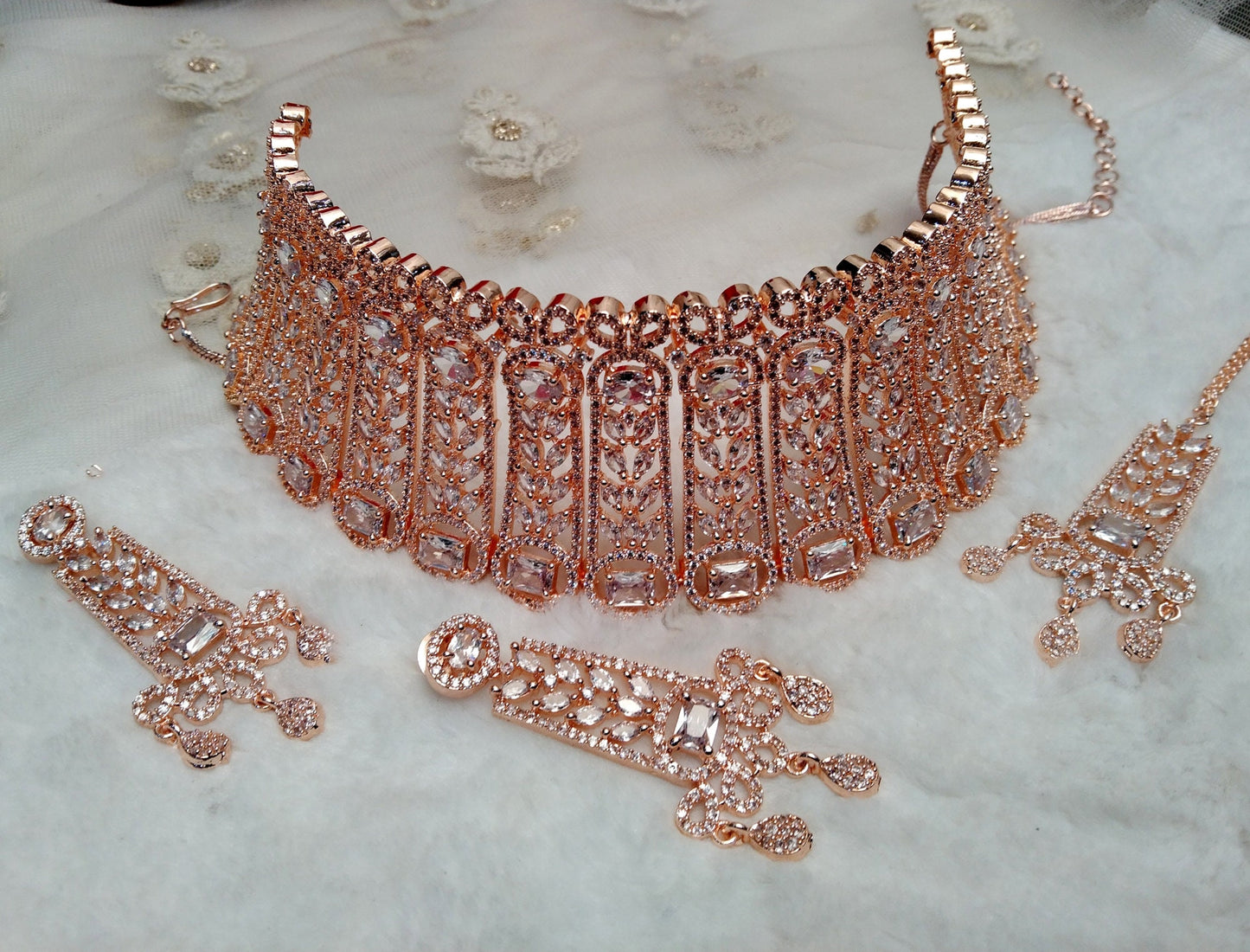 Cubic Zirconia Diamond choker Earrings set, silver, rose gold Bridal choker earrings jewellery statement necklace set CZ choker necklace set