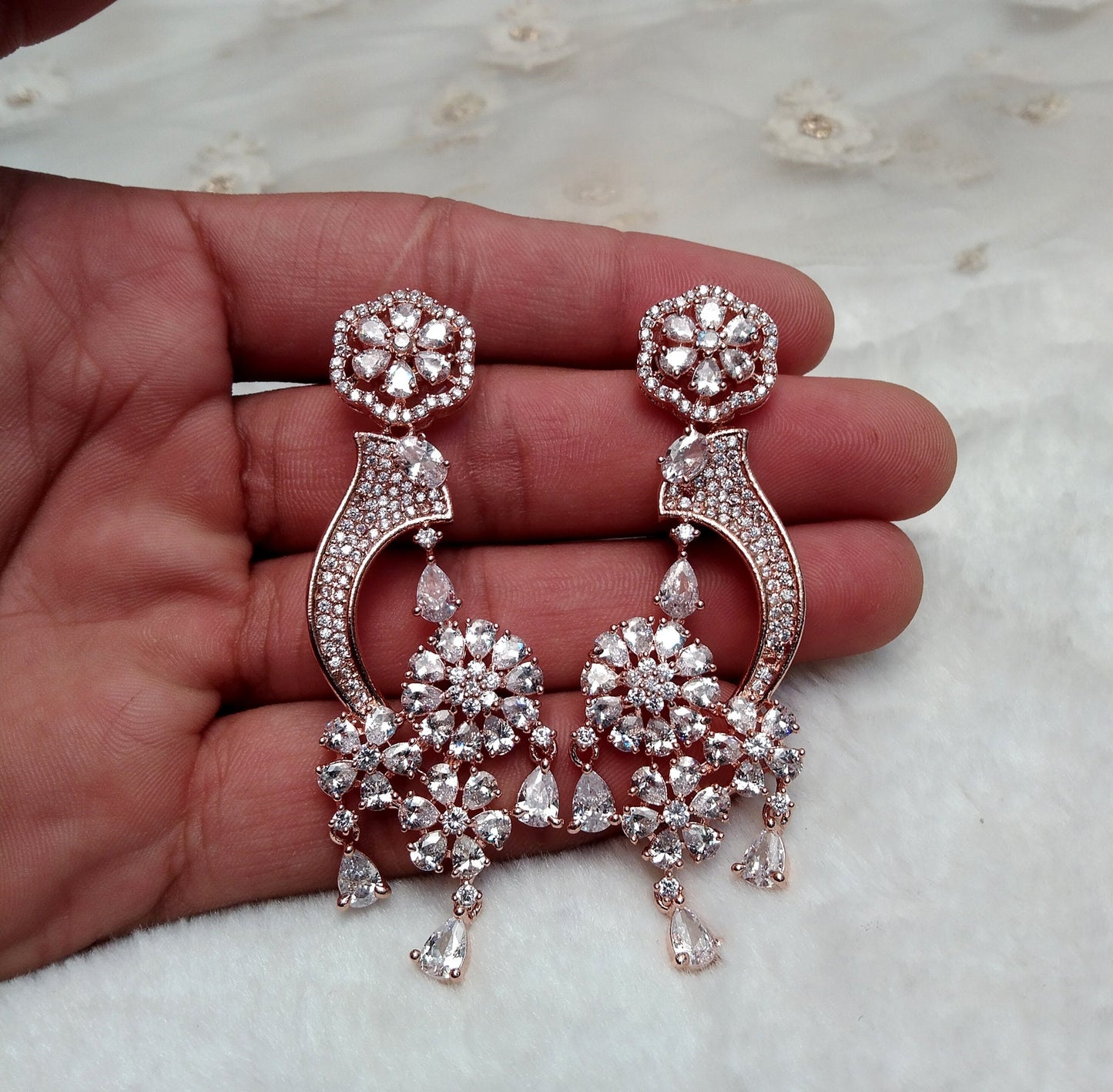 Indian Jewellery/Indian Ad diamond Rose gold chandelier Long Earrings/Indian Crystal Bridal Earrings Set Jewellery/ Bollywood Jewellery