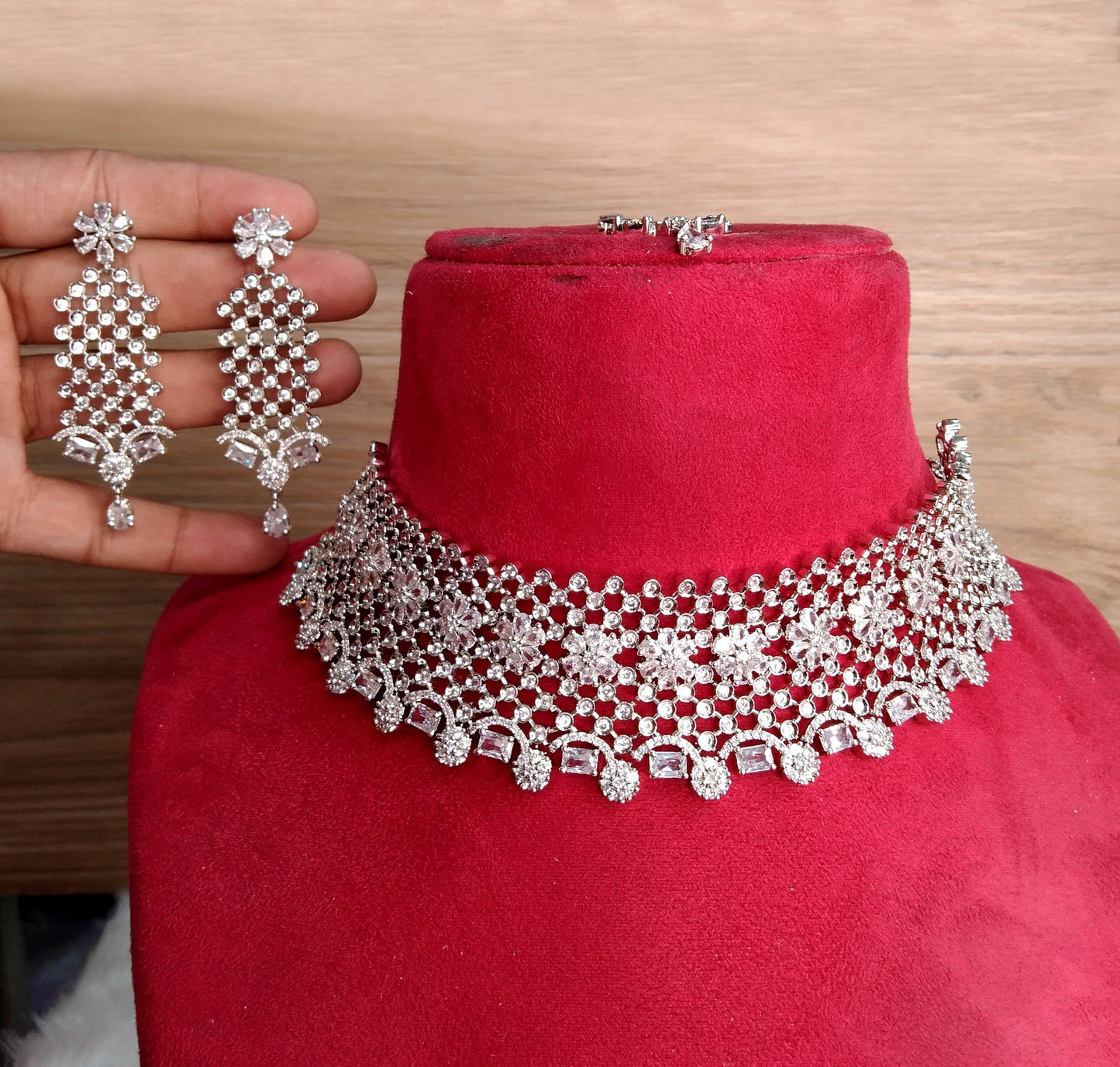 Cubic Zirconia Diamond choker Earrings set, silver, rose gold Bridal choker earrings jewellery roasted statement necklace set CZ choker set