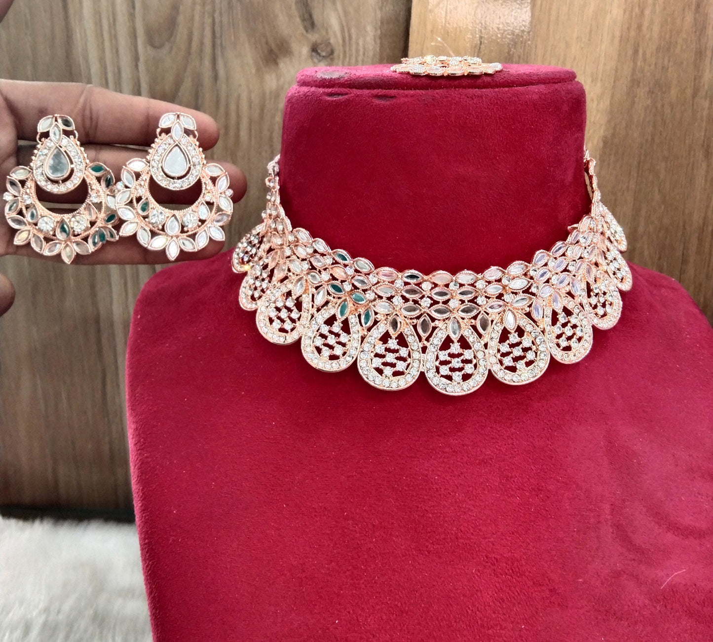 Buy Choker Set /Gold choker Mirror Necklace Set/ Bollywood Necklace Set/Indian Rose gold choker set/Gold Bridesmaid Jewellery/Women Necklace