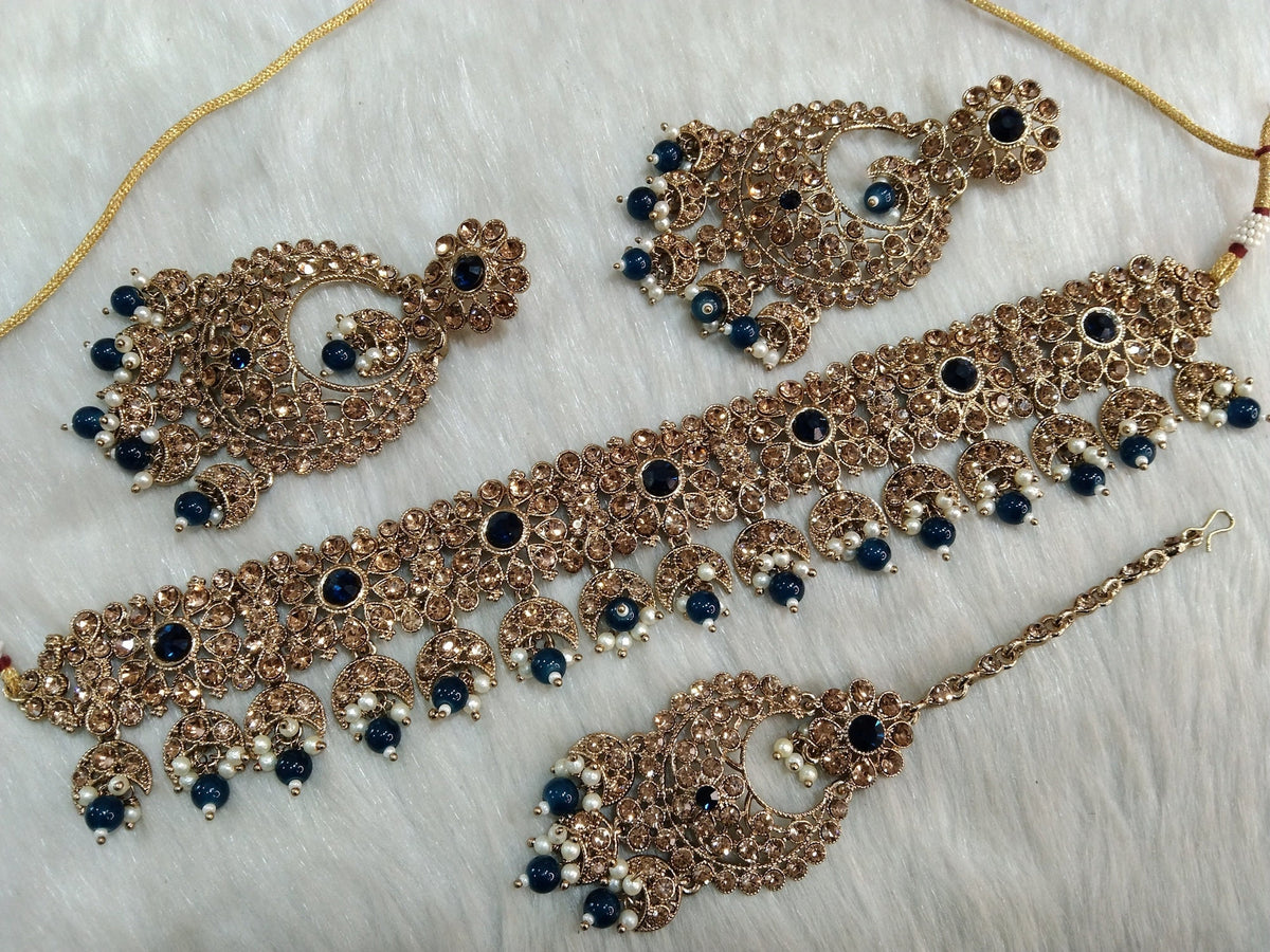 Indian Jewellery , Rose Gold Choker Necklace Tikka Set/Bollywood Necklace Set/Indian choker rose gold Polish necklace set