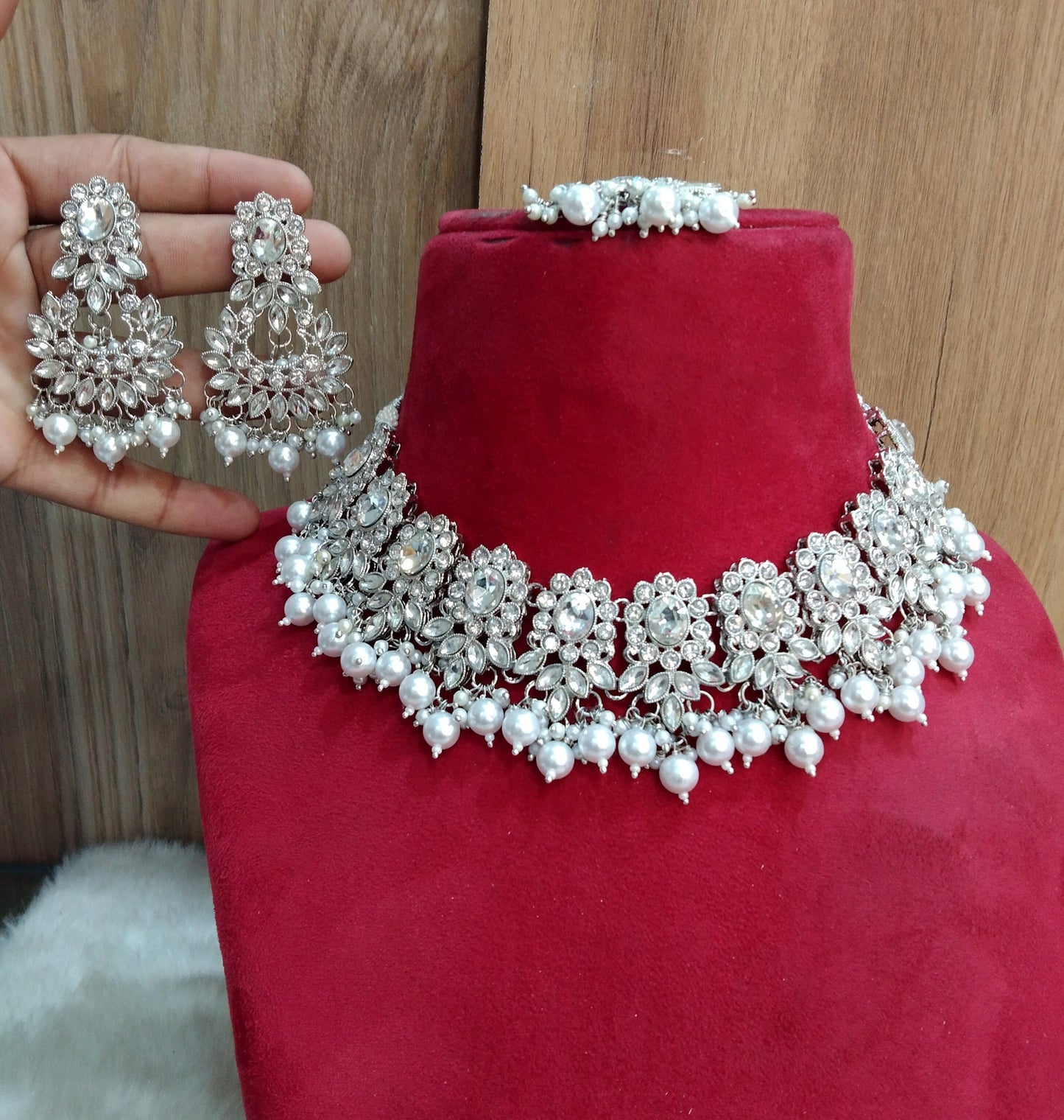 Silver Necklace Set/Silver White Bollywood Necklace Set/Bridesmaid necklace Wedding Jewellery set/Women Necklace Set/Gift for her