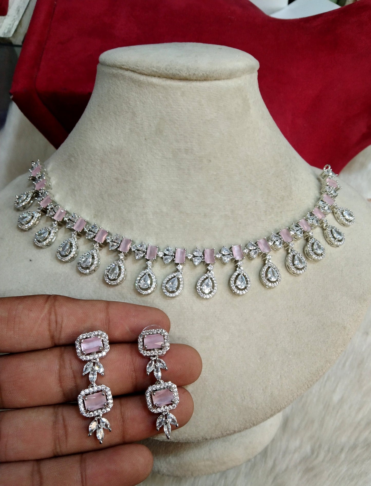 Cubic Zirconia Diamond necklace Earrings set, rose gold, silver Bridal necklace earrings Chammak jewellery necklace set CZ necklace set