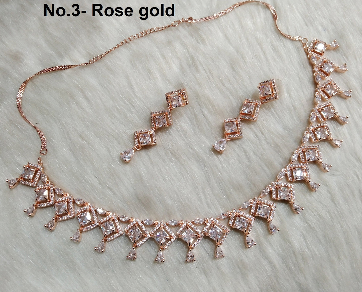 Cubic Zirconia Diamond necklace Earrings set, rose gold, silver Bridal necklace earrings Chammak jewellery necklace set CZ necklace set