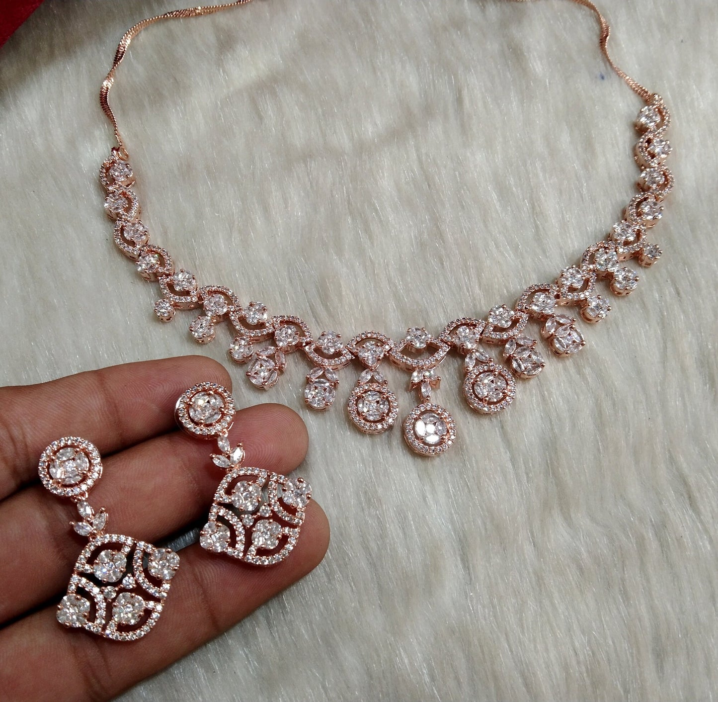 Cubic Zirconia Diamond necklace Earrings set, rose gold, silver Bridal passori necklace earrings jewellery statement necklace set
