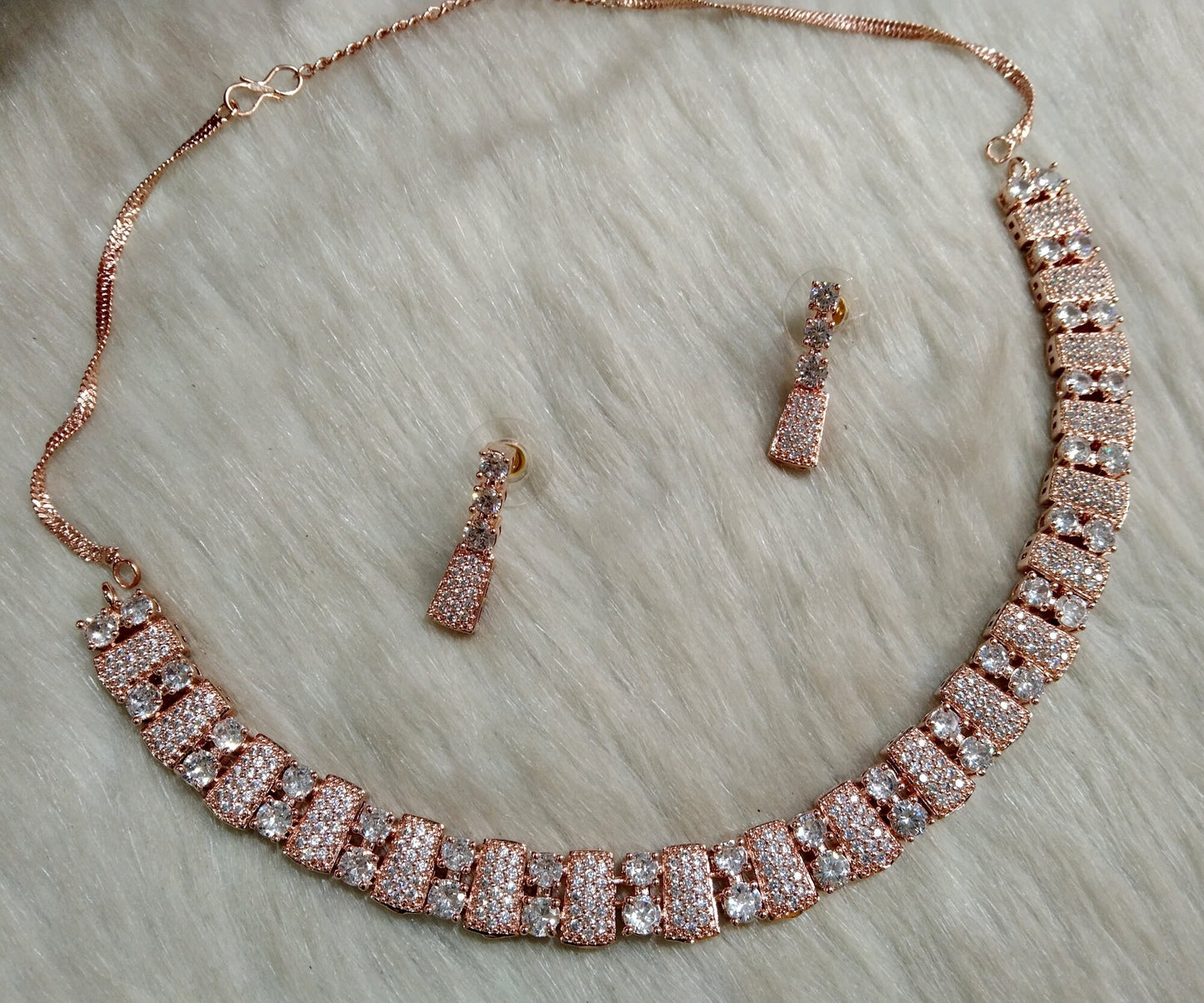 American Diamond necklace Earrings set, rose gold, Bollywood silver Bridal atif necklace earrings jewellery statement necklace set CZ necklace set