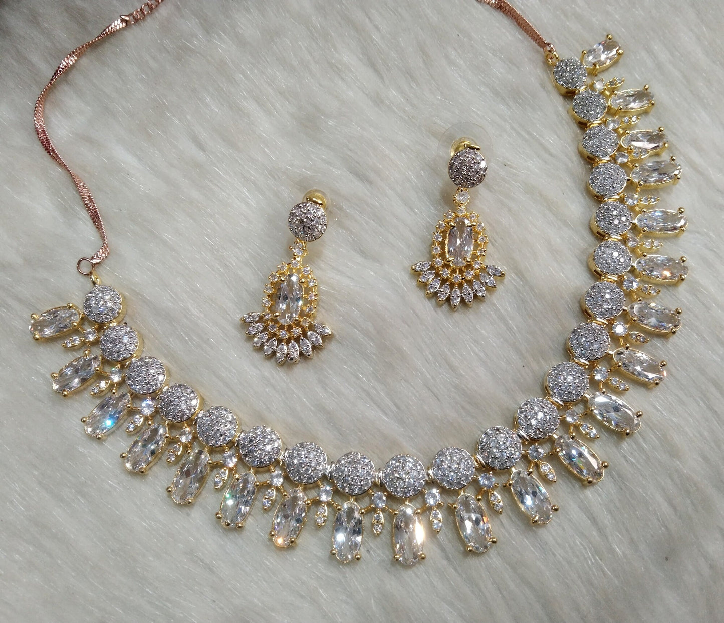 Buy AD Diamond Necklace Earrings set, rose gold antique Bollywood Ava silver Bridal necklace earrings jewellery statement necklace set CZ necklace