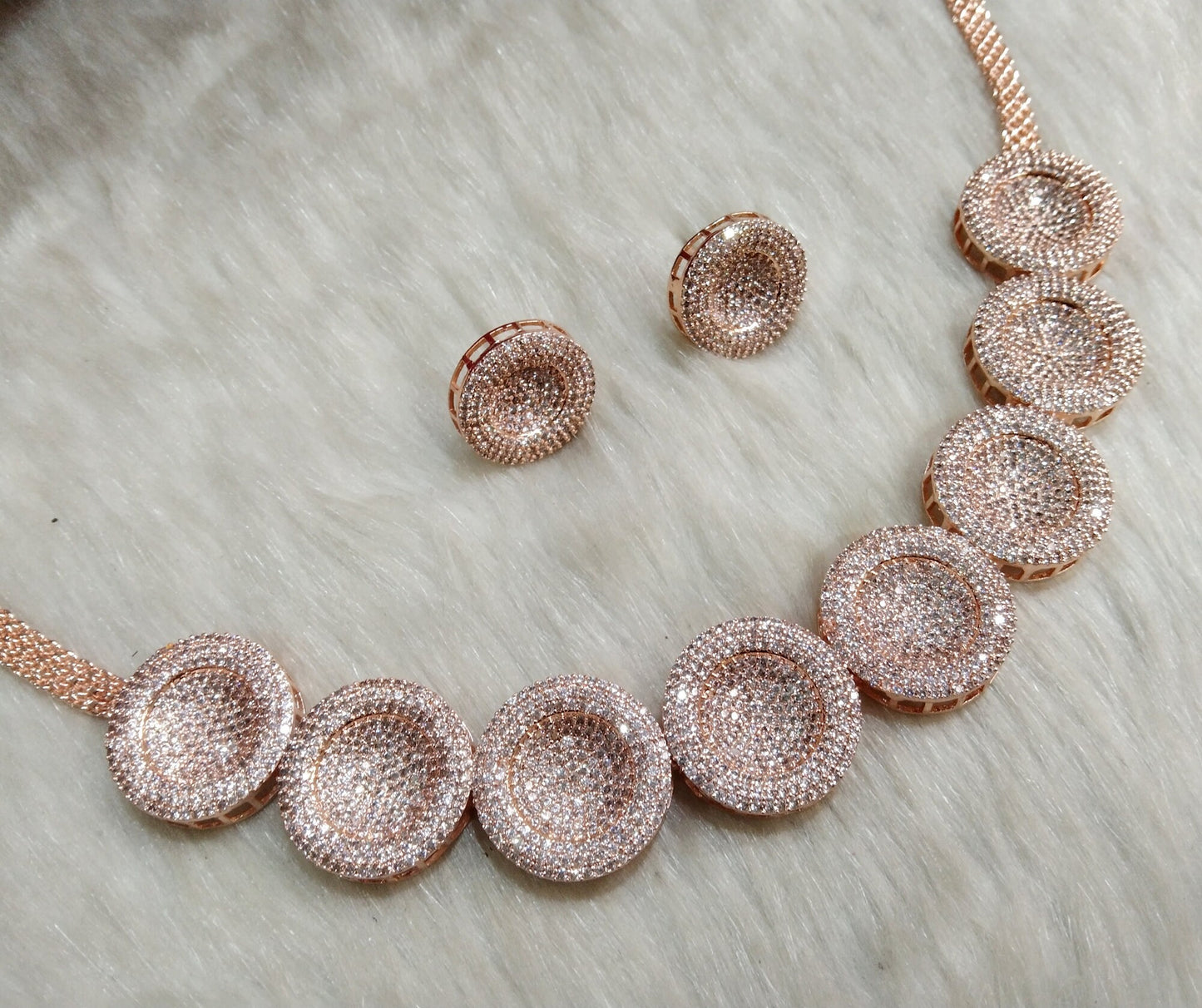 American Diamond Necklace Jewellery Earrings set, Rose gold paro Bollywood silver Bridal necklace earrings jewellery statement necklace set